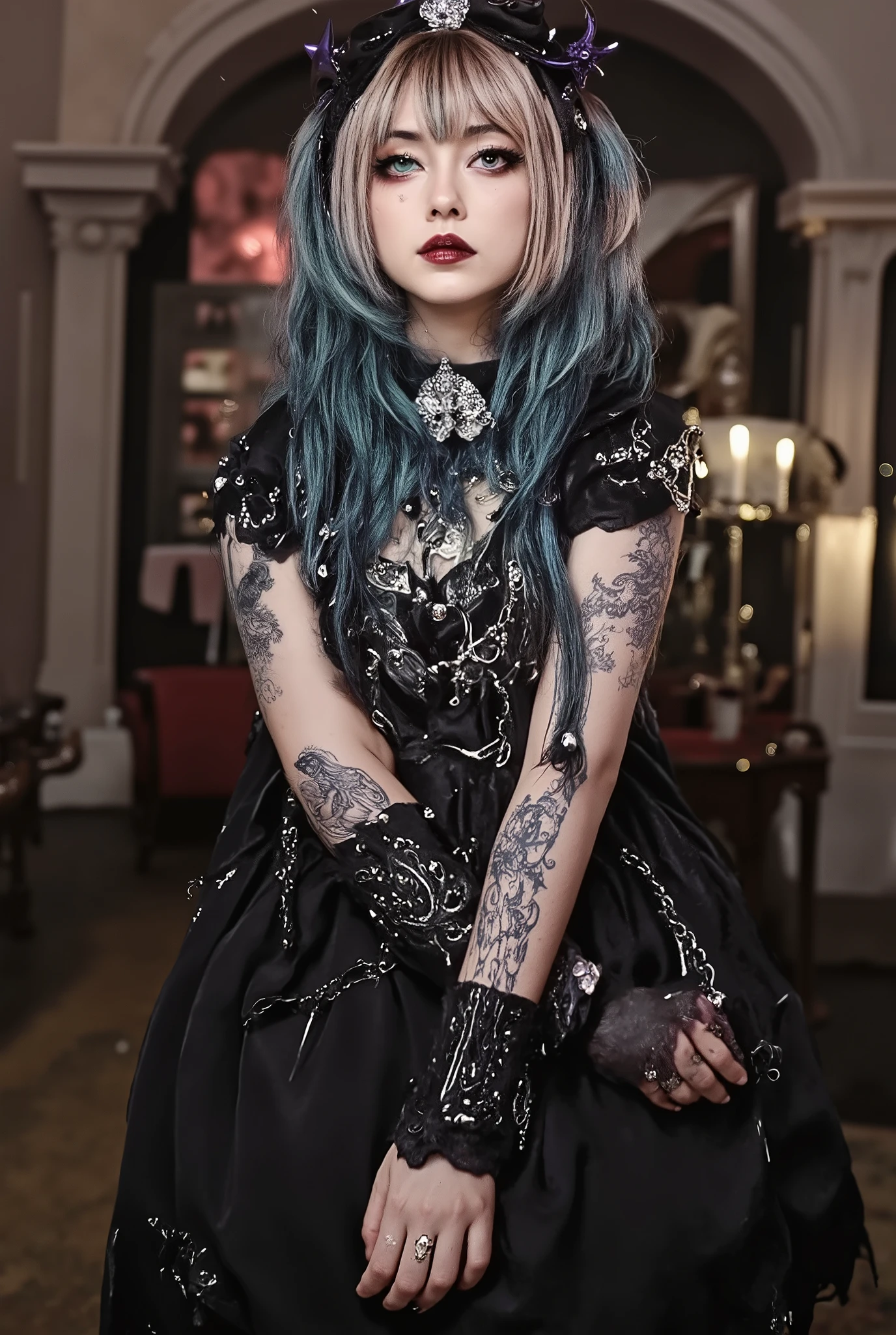 (best quality, 128k,highres,masterpiece:1.2),ultra-detailed,(realistic,photorealistic,photo-realistic:1.37), ((masterpiece)) ((photography)) ((Highest quality)) A gothic female character with long, wavy turquoise and blonde hair, adorned with intricate tattoos covering her arms and chest. She has piercing, expressive eyes and a gemstone set on her forehead. Dressed in a dark, elegant corset gown, she sits in an atmospheric, dimly lit room filled with flickering candles and ornate arches. The overall ambiance is mystical and enchanting, blending beauty with a touch of darkness.