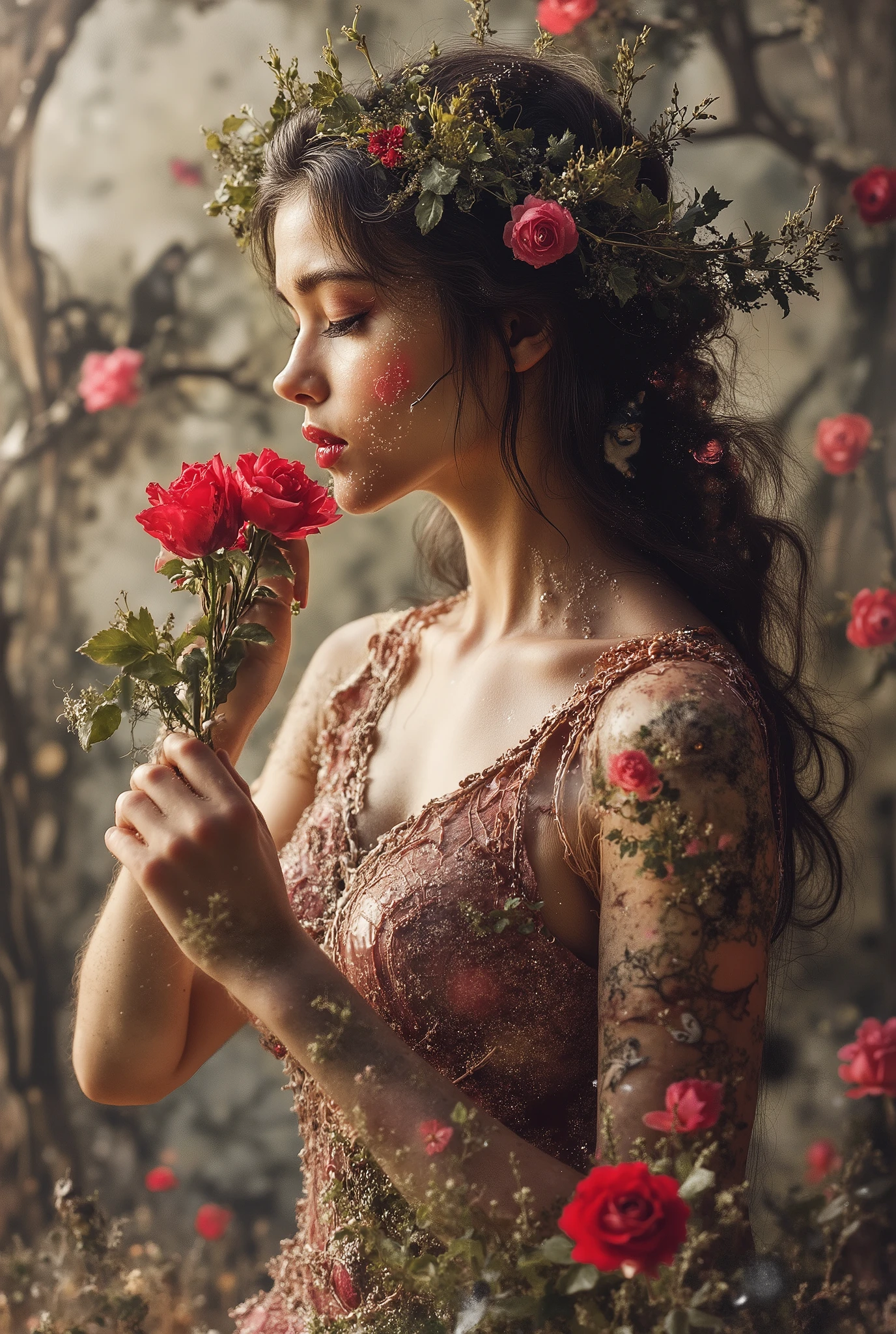 , High quality, a brunette Goddess with black hair , with a thin angelic proportional face too , thin black eyebrows half arched , mouth thin lips but apparent , thin, She wears the goddess Venus dress , with a flower headband and a dress that makes her sexy, magnetic, attractive, elegant, half-wavy hair, has the expression happy and sexy , around her there are flowers and roses of all colors , she holds a red rose in her hands , in the background a cat with vibrant eyes and a sexy walk , she exudes beauty and is in a magical setting , she is looking at the rose in her hands . She looks young without expression lines . Rice, Dark brown.