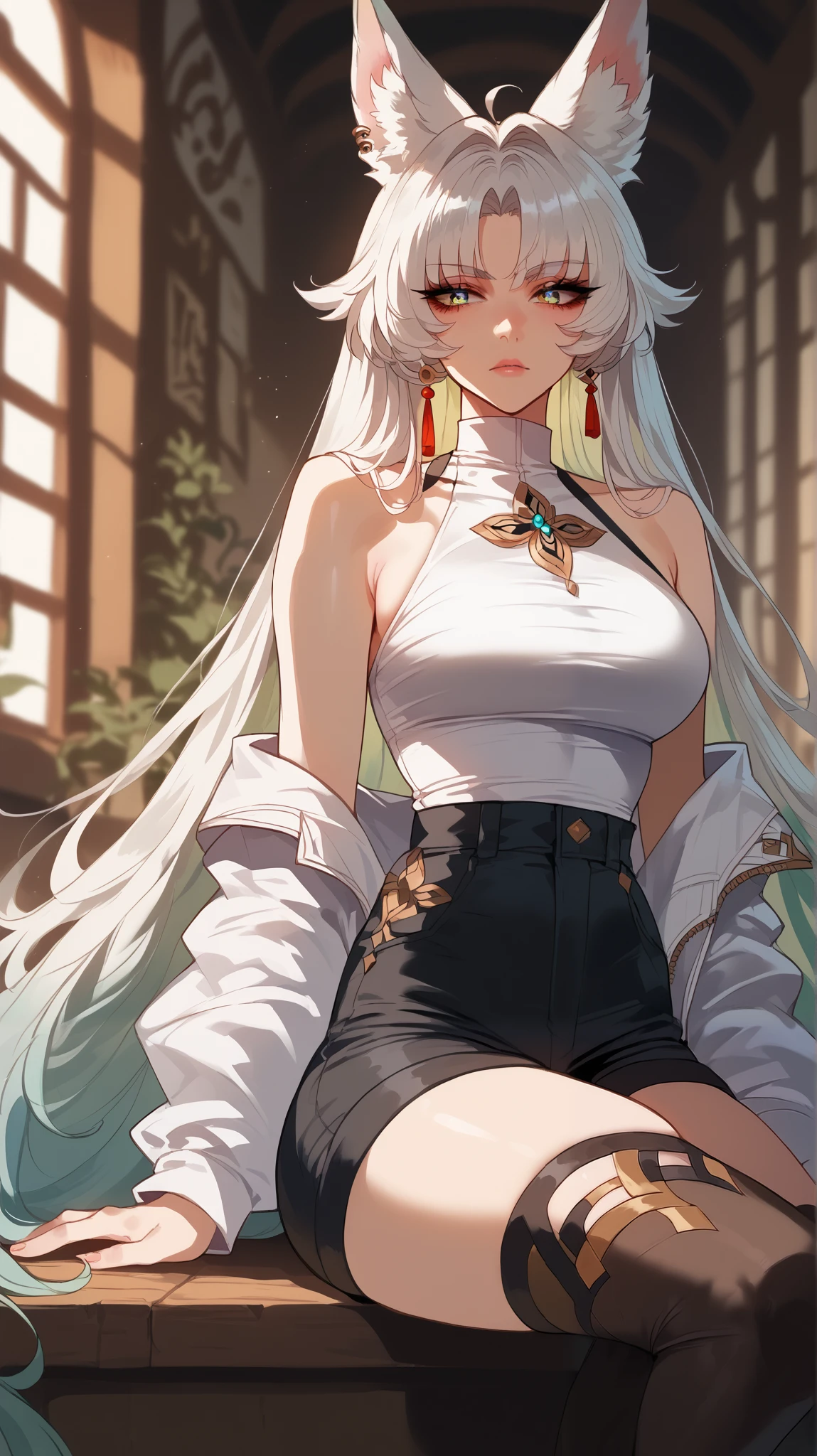 Feixiao style, perfect eyes, perfectly sexy face, ultra detailed, ultra perfect eyes, big beautiful woman , Body, sitting, animal ears, long hair, rabo de cavalo, multicolored hair , white hair, mark on the head, ear piercing, black shorts, looking at the spectator ,
