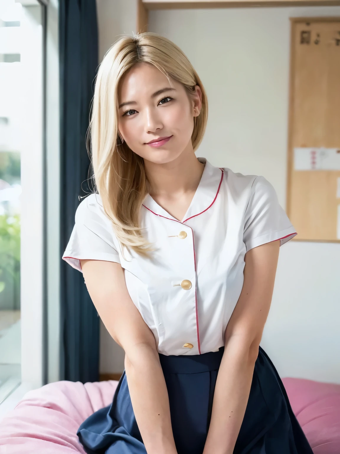 (Low noise:1.8),(8k, Super RAW Photo, best quality , masterpiece, Soft Cinematic Lighting, Gentle colors :1.4),( camera on the ground :1.3),(throw, Details:1.3),Sailor、pure,( covering nipples :0.8),Chest,(Worn:1.7), Red and white uniform ,( Underbob :1.5), white skirt , white top, red ribbon, Gold Button, Golden shoulder pads , Young Adults, 20 years, ( embarrassing,:1.5), clean skin, blonde, half up hair, open mouth ,( 美しい茶色の目の Details :1.3), 大きなChest, impressive body curves , Lewd smile, pink lips, , cute pose,, masterpiece, Classroom Background , School