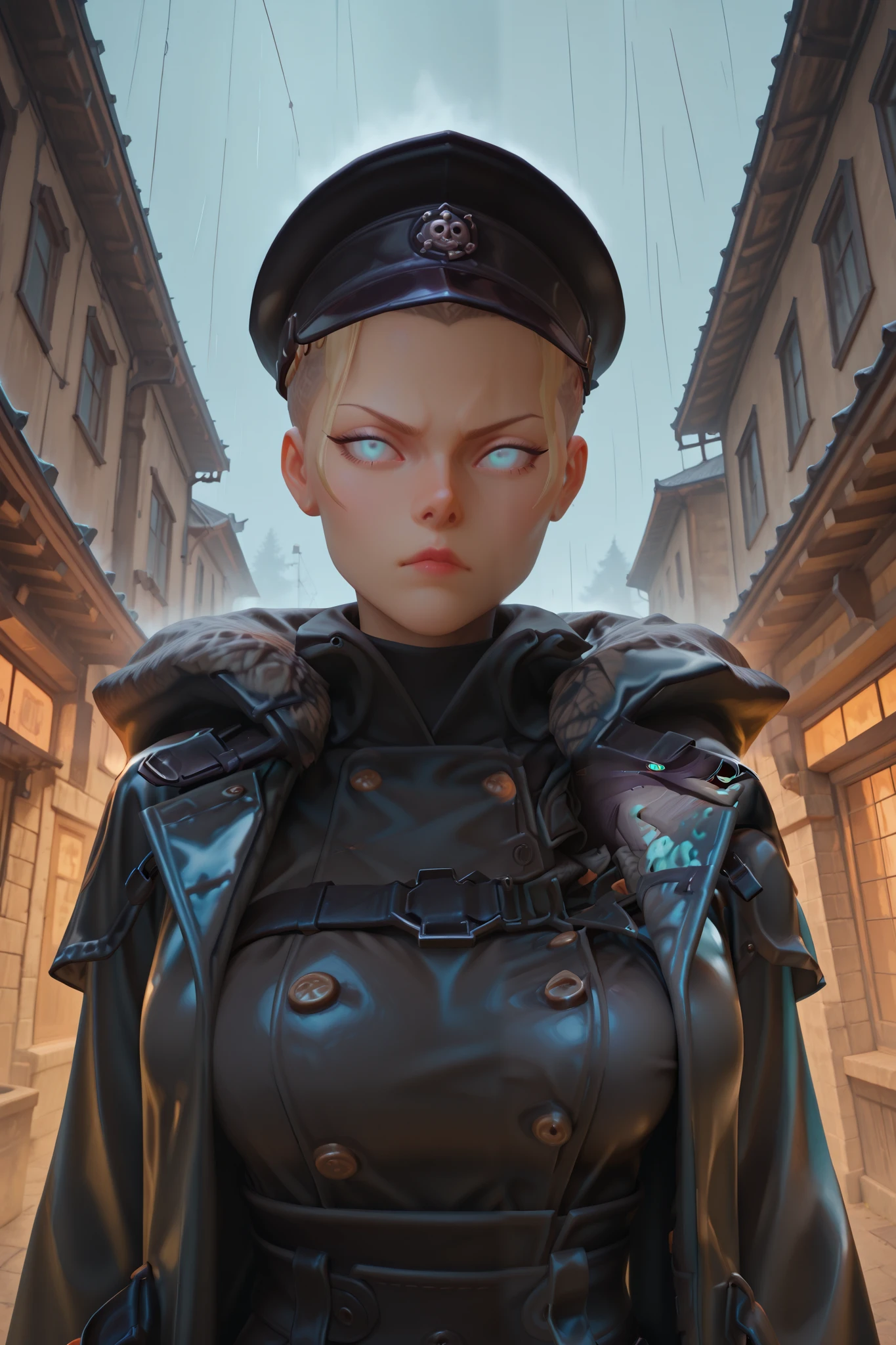 outdoors, looking at viewer, perspective, dutch angle, masterpiece, very awa, best quality, amazing quality, very aesthetic, absurdres, newest, intricate details, 1girl, (testgirl), blonde fringe,small empty forehead, (shaved head), light blue eyes,leaning into the viewer's, ((a stern face)), ((shadowed eyes)) , stern gaze, beautiful eyes, (black raincoat),short gray fur collar, (black cap) , masterpiece, best quality, amazing quality, contrast, (upper body waist-length)