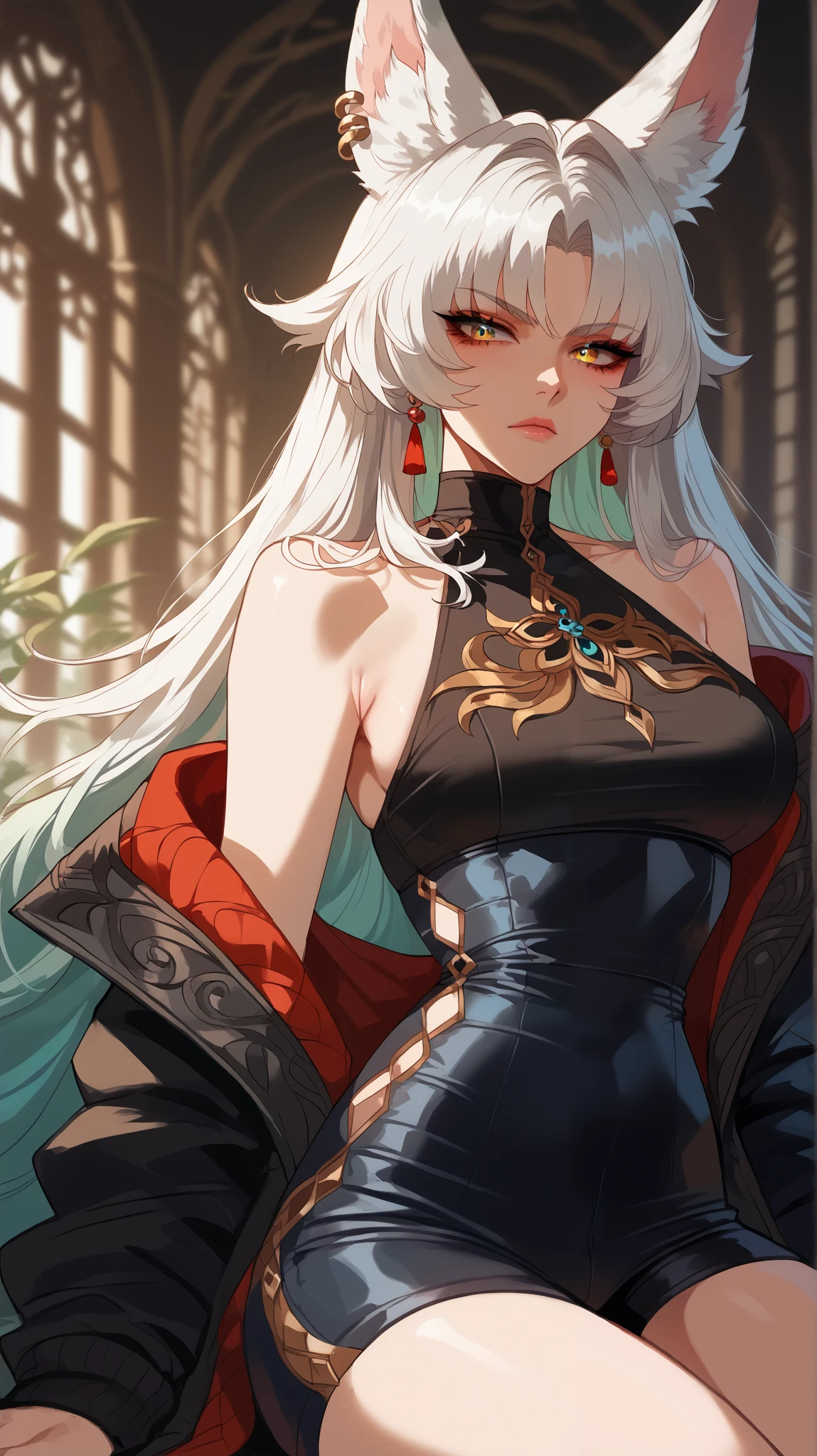 Feixiao style, perfect eyes, perfectly sexy face, ultra detailed, ultra perfect eyes, big beautiful woman , Body, sitting, animal ears, long hair, rabo de cavalo, multicolored hair , white hair, mark on the head, ear piercing, black shorts, looking at the spectator ,