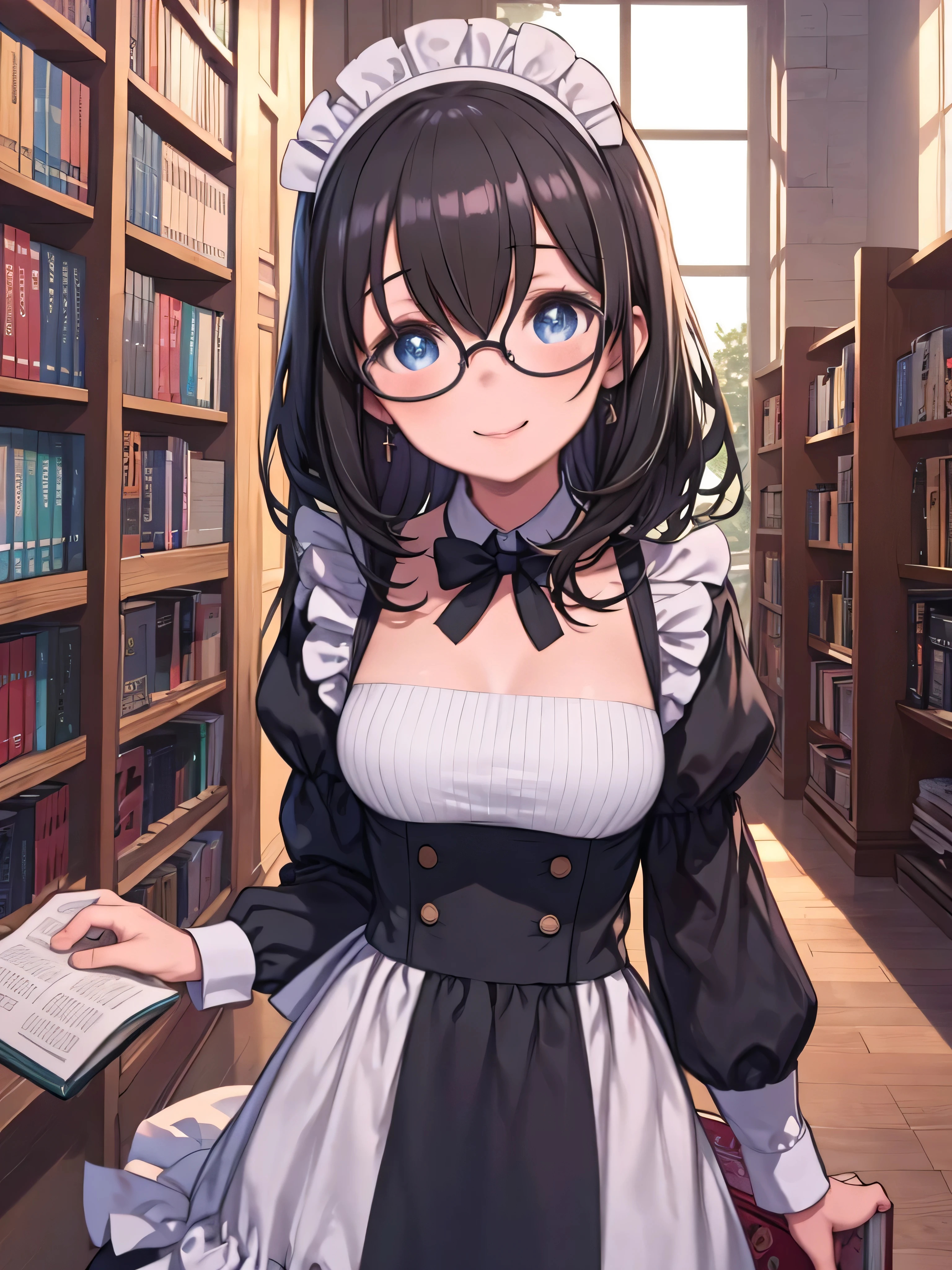 Sagisawa Fumika , 1 girl in the best, glass, Maid, Alone, Booksshelf, blue eyes, black hair, Alternate Costume , Maid head dress , apron, enMaided, smile, juliet sleeve, dress , Long Sleeves , puff sleeve, wore glasses, Watch viewers, Books, Maid apron, single hair bang, chest, Library, white apron, hair bang, Indoors, , Blog, frills, black dress , official Alternate Costume , large chest, long hair, Side Lock, round eyewear