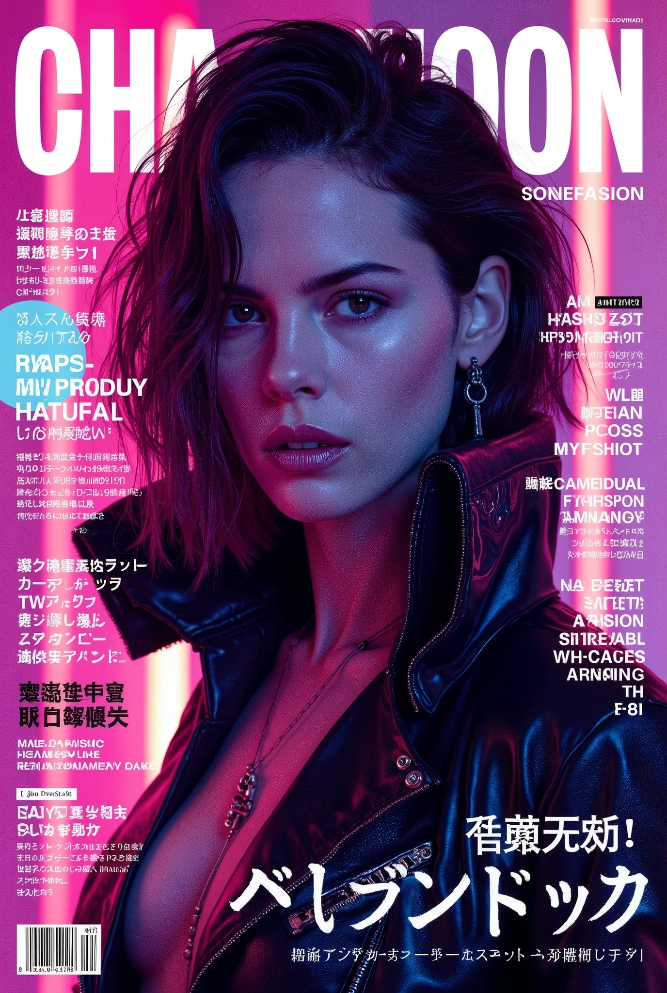 ((fashion magazine cover photograph) of (Kate Beckinsale as a cyberpunk girl))), ((Japanese fashion magazine cover)), (((wearing detailed cyberpunk Harajuku clothing with corporate logos))), ((Japanese banner text)), ((LED lights)), (((weird cyberpunk hairstyle))), perfect features, (((dynamic pose))), magazine cover, NSFW.