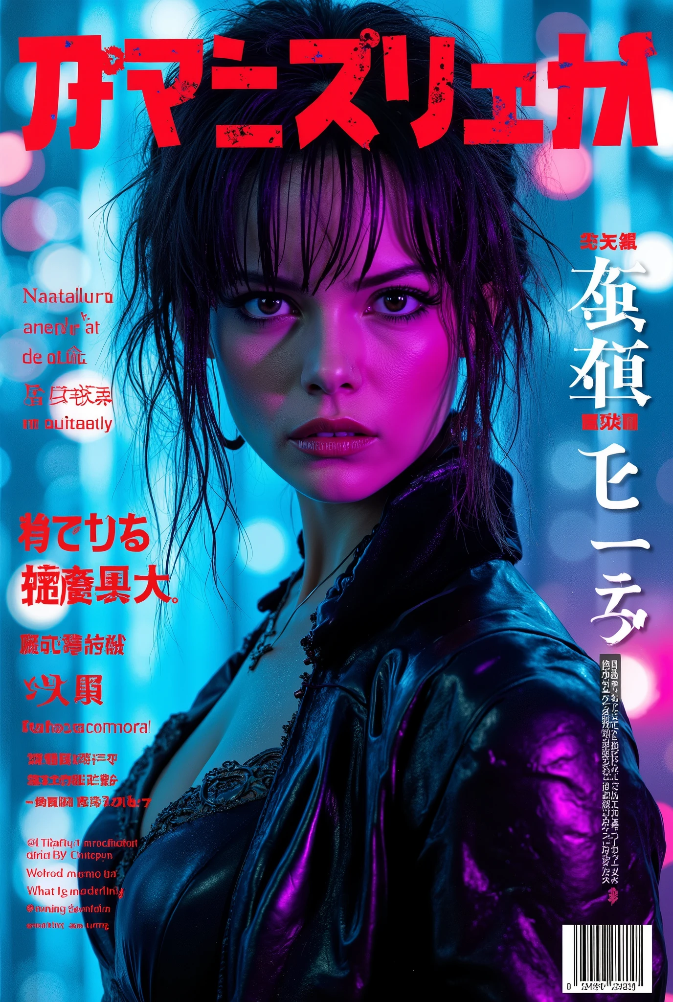 ((fashion magazine cover photograph) of (Kate Beckinsale as a cyberpunk girl))), ((Japanese fashion magazine cover)), (((wearing detailed cyberpunk Harajuku clothing))), ((Japanese text)), ((LED lights)), (((weird cyberpunk hairstyle))), perfect features, (((dynamic pose))), magazine cover, NSFW.