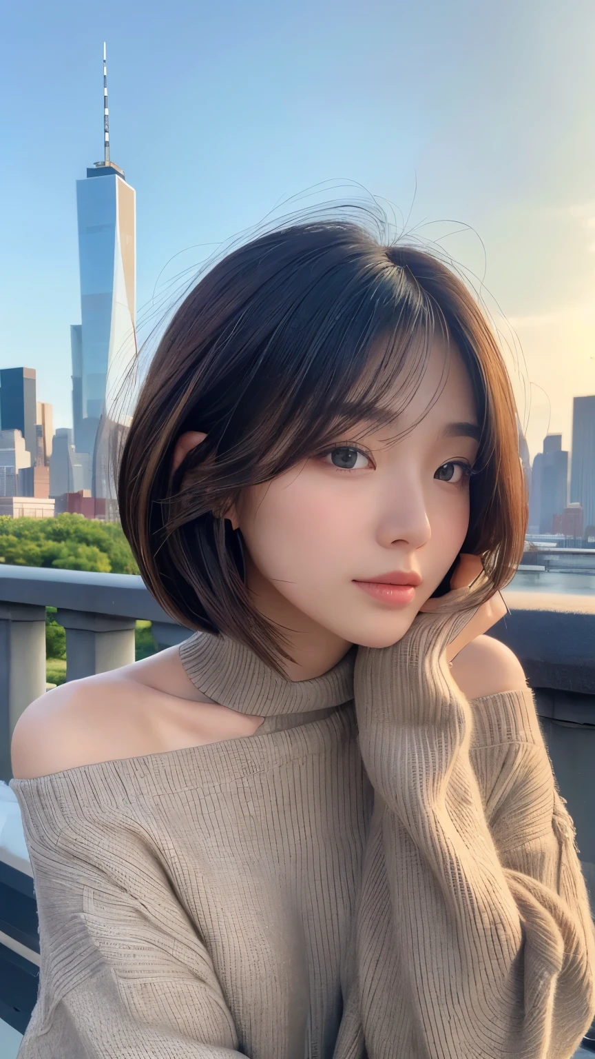 Beautiful woman with detailed body、tiny chest、The upper part of the body、Brown bob hair、perm、street corner、date、Her、turtle neck