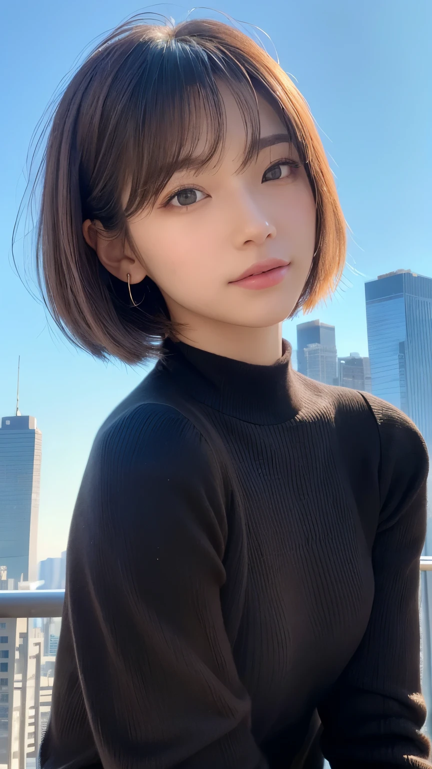 ((( face close-up )))、((( brown, Shoulder length, straight short bob taken by someone)))、((( You can see the New York skyline in her background、 pose like a model at a beauty salon 。.)))、(((Casual black long sleeve winter clothing)))、Half Japanese、Half Korean 、 18 year old girl、independent、Expectations、light eye makeup、 brown Hair Color、 flat at honny 、 hair that flutters in the wind、Quality of actress、Sparkling, Ultra Realistic Faces、smileの表情、Bloodshot eyes、 looks up、Subtle Lighting Effects 、 Ultra Realistic Capture 、 very detailed、 high resolution 16K close-up of human skin 。 The texture of the skin is 、 while the illumination shines 、For more details、 pores .、The skin is healthy、 must always have a uniform tone、 Use natural light and color 、 model agencies'Exclusive photographer、smile