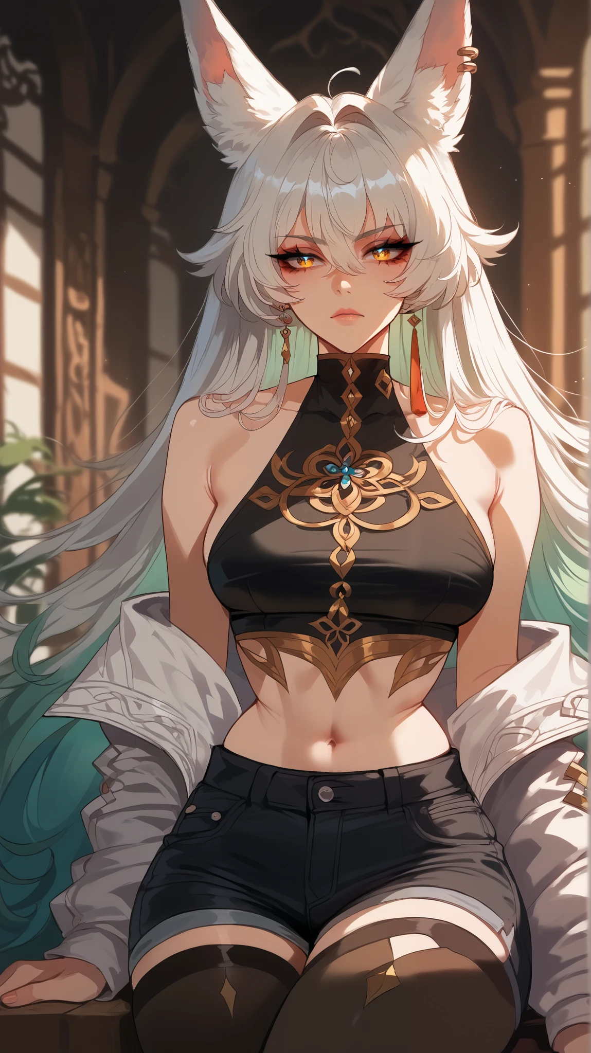 Feixiao style, perfect eyes, perfectly sexy face, ultra detailed, ultra perfect eyes, big beautiful woman , Body, sitting, animal ears, long hair, rabo de cavalo, multicolored hair , white hair, mark on the head, ear piercing, black shorts, looking at the spectator ,