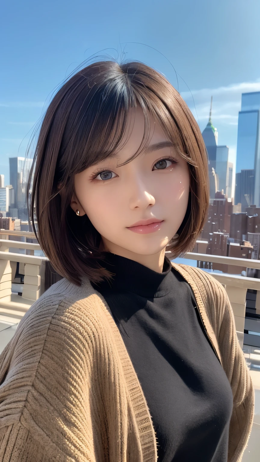 ((( face close-up )))、((( brown, Shoulder length, straight short bob taken by someone)))、((( You can see the New York skyline in her background、 pose like a model at a beauty salon 。.)))、(((Casual black long sleeve winter clothing)))、Half Japanese、Half Korean 、 18 year old girl、independent、Expectations、light eye makeup、 brown Hair Color、 flat at honny 、 hair that flutters in the wind、Quality of actress、Sparkling, Ultra Realistic Faces、smileの表情、Bloodshot eyes、 looks up、Subtle Lighting Effects 、 Ultra Realistic Capture 、 very detailed、 high resolution 16K close-up of human skin 。 The texture of the skin is 、 while the illumination shines 、For more details、 pores .、The skin is healthy、 must always have a uniform tone、 Use natural light and color 、 model agencies'Exclusive photographer、smile