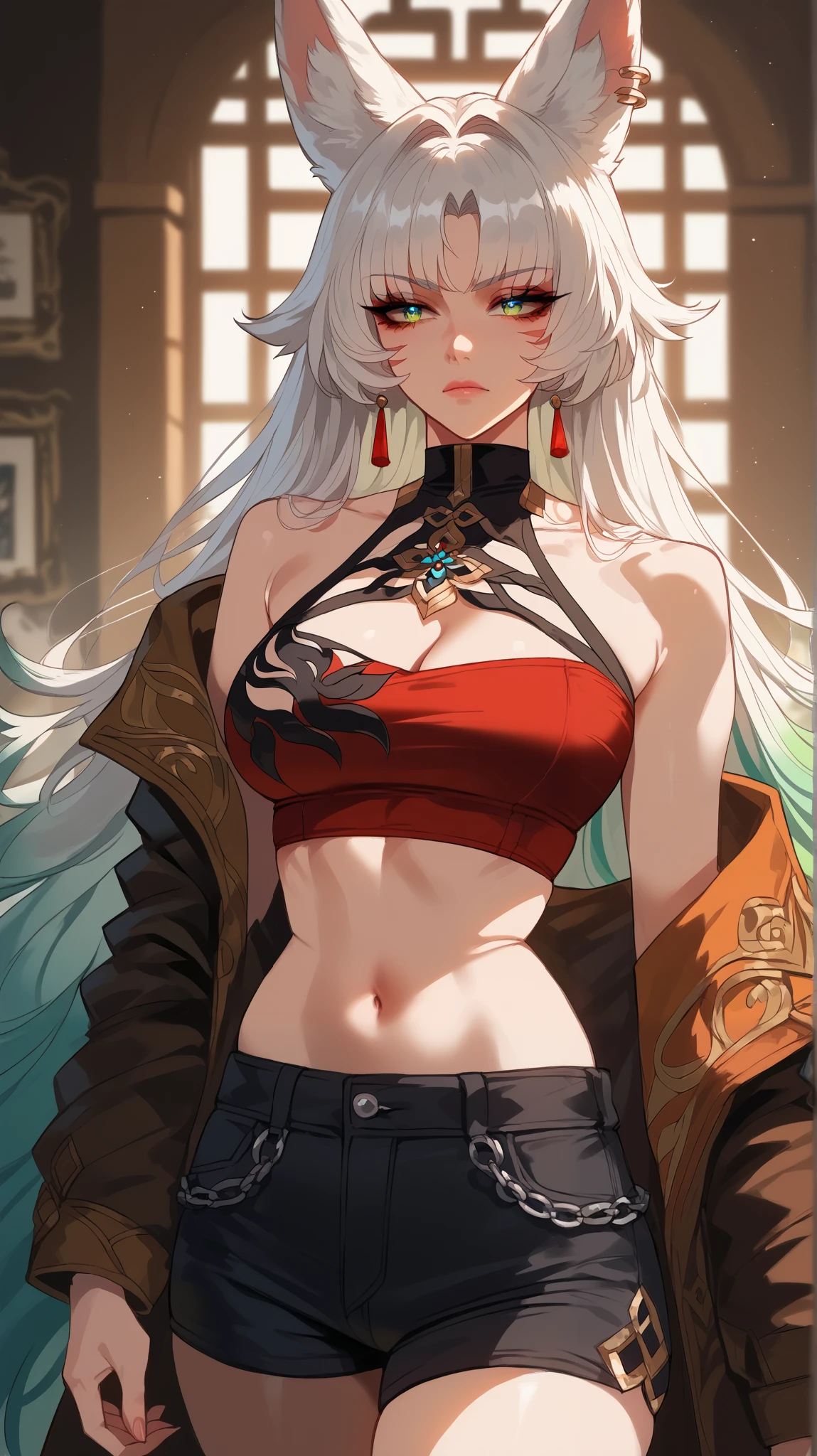 Feixiao style, perfect eyes, perfectly sexy face, ultra detailed, ultra perfect eyes, big beautiful woman , Body, standing, animal ears, long hair, rabo de cavalo, multicolored hair , white hair, mark on the head, ear piercing, black shorts, looking at the spectator ,