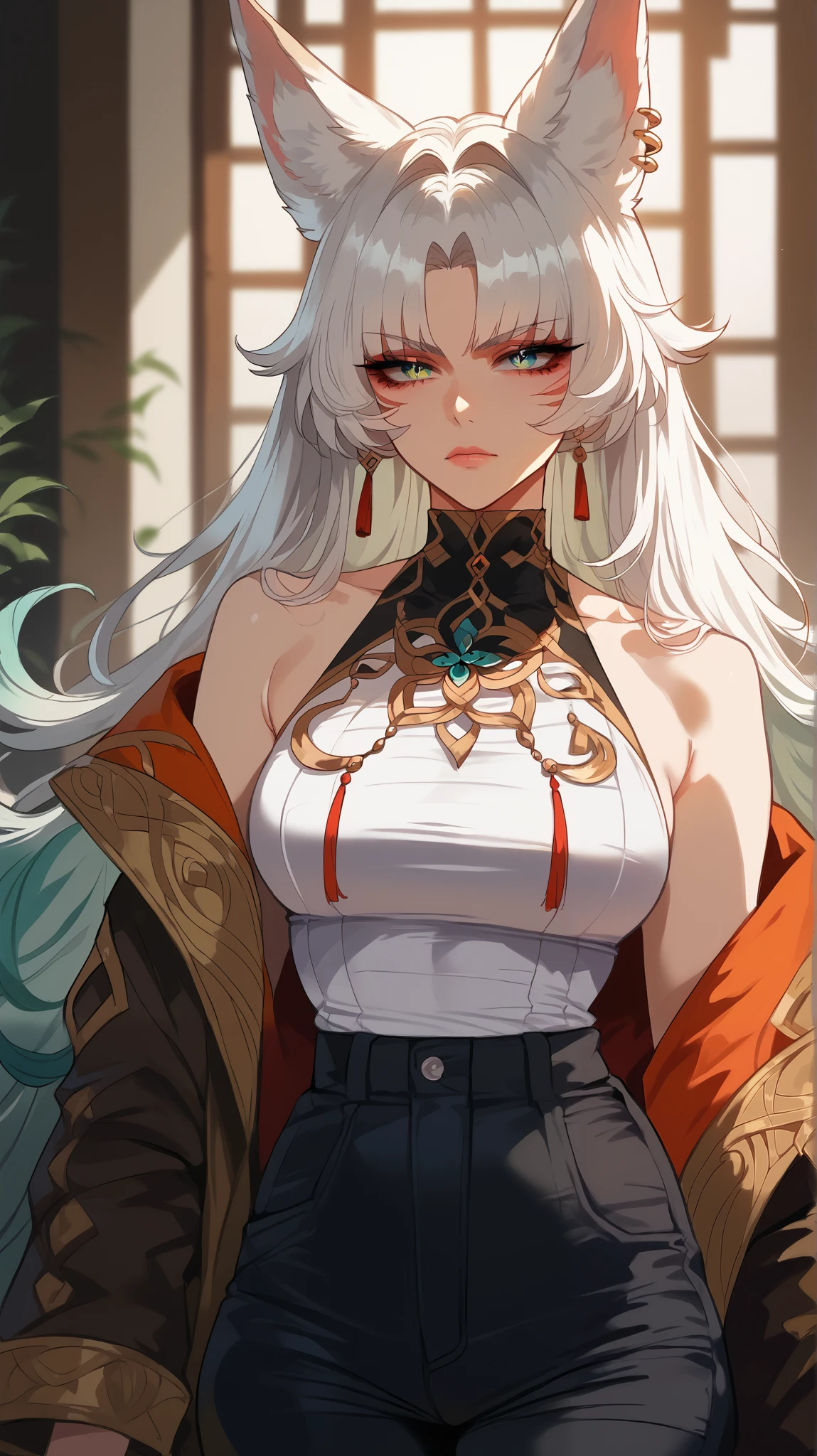 Feixiao style, perfect eyes, perfectly sexy face, ultra detailed, ultra perfect eyes, big beautiful woman , Body, standing, animal ears, long hair, rabo de cavalo, multicolored hair , white hair, mark on the head, ear piercing, black shorts, looking at the spectator ,