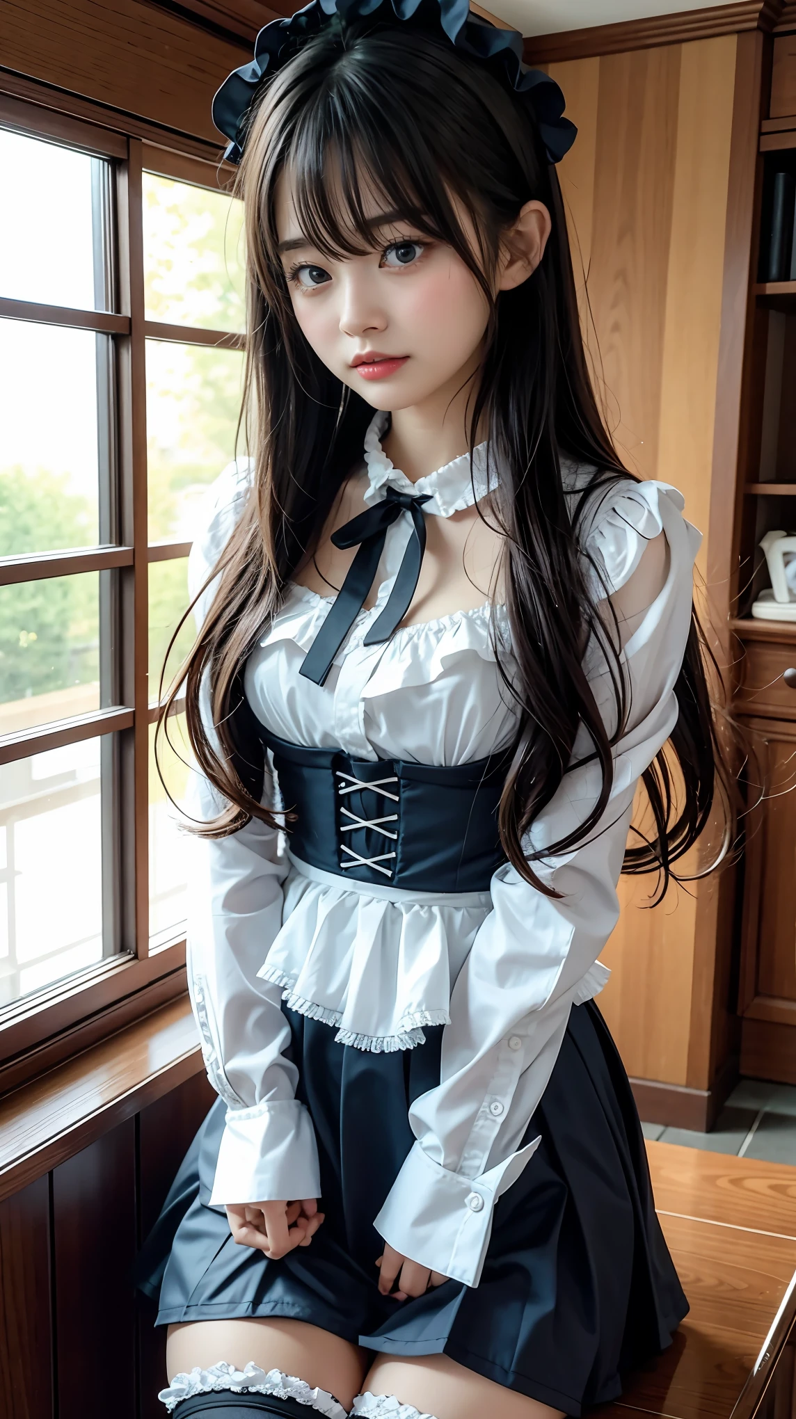 Realistic, Photorealistic, NSFW, Solo, Solo Focus, Cinematic Light, (Detailed Face and Beautiful Eyes: 1.2), (Masterpiece: 1.5), (Best Quality): 1.2), Ribbon, Black Ribbon, Kawaii Eyes, Twin Tails, Thigh Socks, Black Hair, Lace, Cowboy Shots, Shirts, Black Footwear, Mine System, Black Bow Tie, Bangs, Long Sleeves, Ruffles, Ribbon, standing, white underwear, taut underwear, blue bow, hair ribbon, hair bow, long hair, choker, small breasts, small ass, Orchan-6500