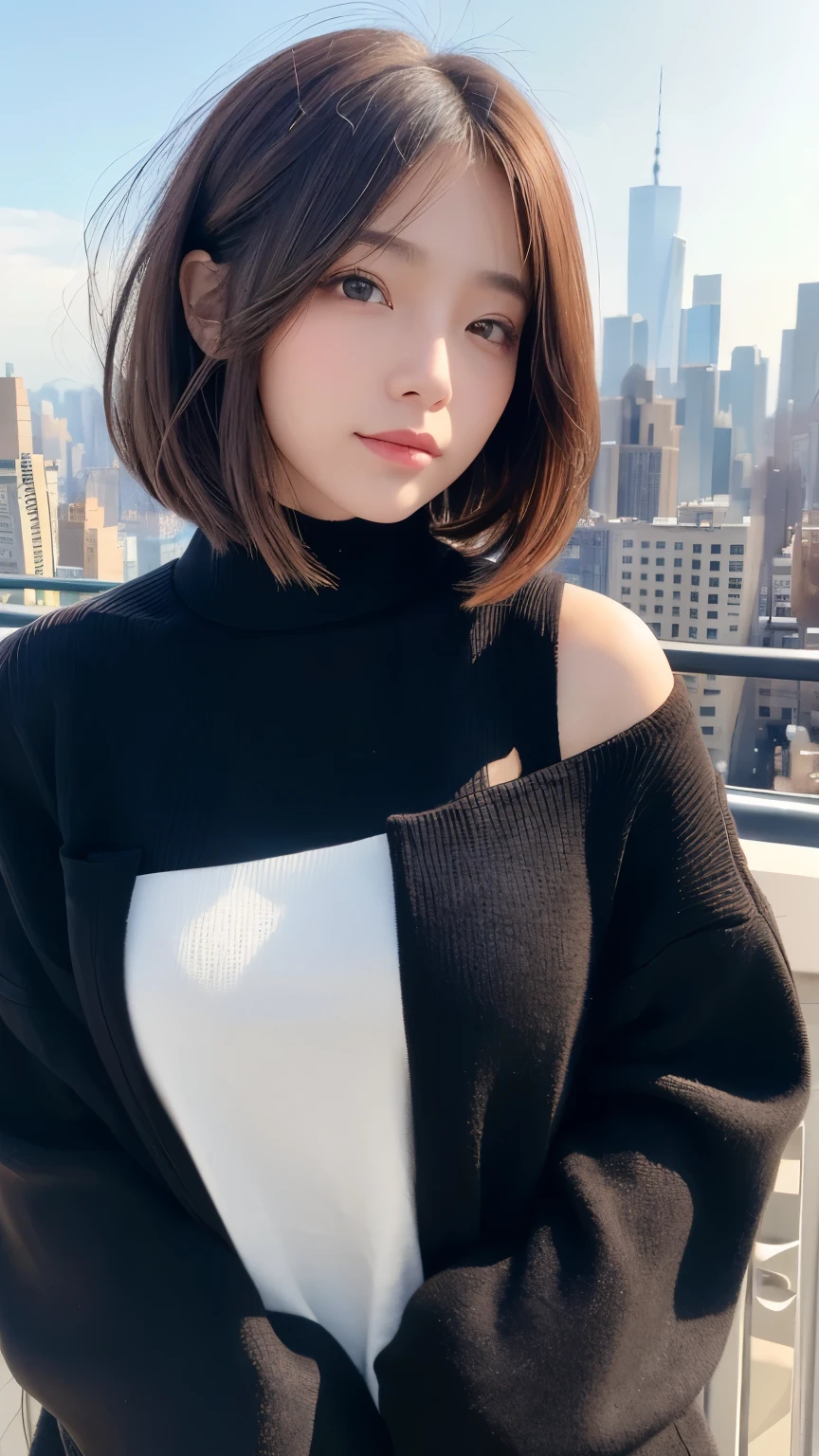 ((( face close-up )))、((( brown, Shoulder length, straight short bob taken by someone)))、((( You can see the New York skyline in her background、 pose like a model at a beauty salon 。.)))、(((Casual black long sleeve winter clothing)))、Half Japanese、Half Korean 、 18 year old girl、independent、Expectations、light eye makeup、 brown Hair Color、 flat at honny 、 hair that flutters in the wind、Quality of actress、Sparkling, Ultra Realistic Faces、smileの表情、Bloodshot eyes、 looks up、Subtle Lighting Effects 、 Ultra Realistic Capture 、 very detailed、 high resolution 16K close-up of human skin 。 The texture of the skin is 、 while the illumination shines 、For more details、 pores .、The skin is healthy、 must always have a uniform tone、 Use natural light and color 、 model agencies'Exclusive photographer、smile