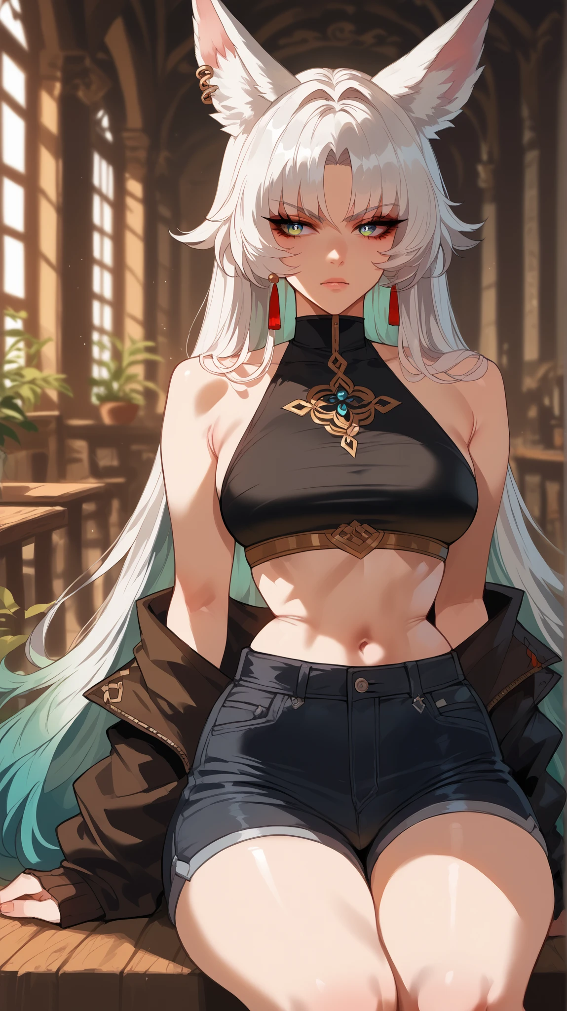 Feixiao style, perfect eyes, perfectly sexy face, ultra detailed, ultra perfect eyes, big beautiful woman , Body, sitting, animal ears, long hair, rabo de cavalo, multicolored hair , white hair, mark on the head, ear piercing, black shorts, looking at the spectator ,