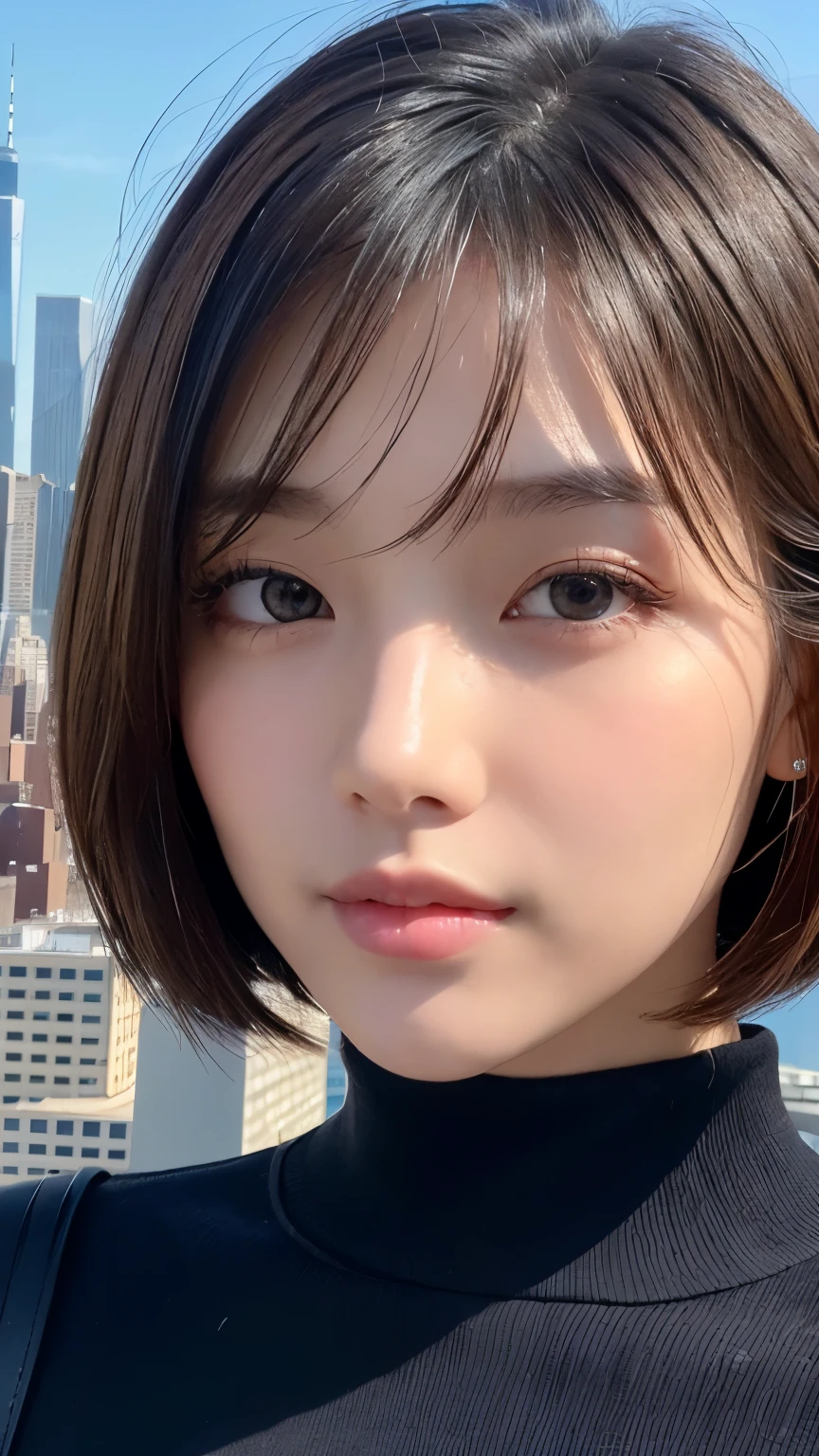 ((( face close-up )))、((( brown, Shoulder length, straight short bob taken by someone)))、((( You can see the New York skyline in her background、 pose like a model at a beauty salon 。.)))、(((Casual black long sleeve winter clothing)))、Half Japanese、Half Korean 、 18 year old girl、independent、Expectations、light eye makeup、 brown Hair Color、 flat at honny 、 hair that flutters in the wind、Quality of actress、Sparkling, Ultra Realistic Faces、smileの表情、Bloodshot eyes、 looks up、Subtle Lighting Effects 、 Ultra Realistic Capture 、 very detailed、 high resolution 16K close-up of human skin 。 The texture of the skin is 、 while the illumination shines 、For more details、 pores .、The skin is healthy、 must always have a uniform tone、 Use natural light and color 、 model agencies'Exclusive photographer、smile