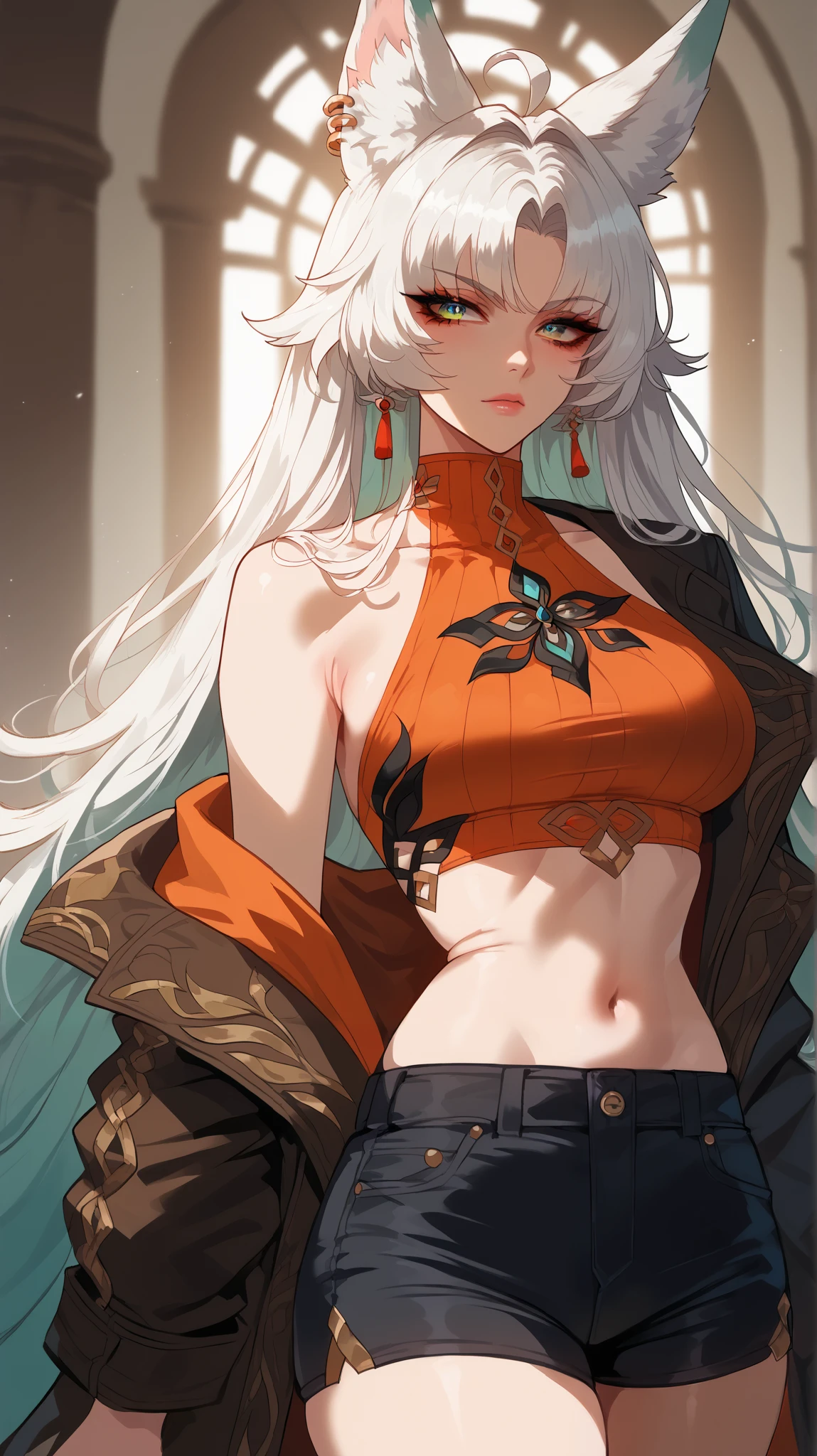 Feixiao style, perfect eyes, perfectly sexy face, ultra detailed, ultra perfect eyes, big beautiful woman , Body, standing, animal ears, long hair, rabo de cavalo, multicolored hair , white hair, mark on the head, ear piercing, black shorts, looking at the spectator ,