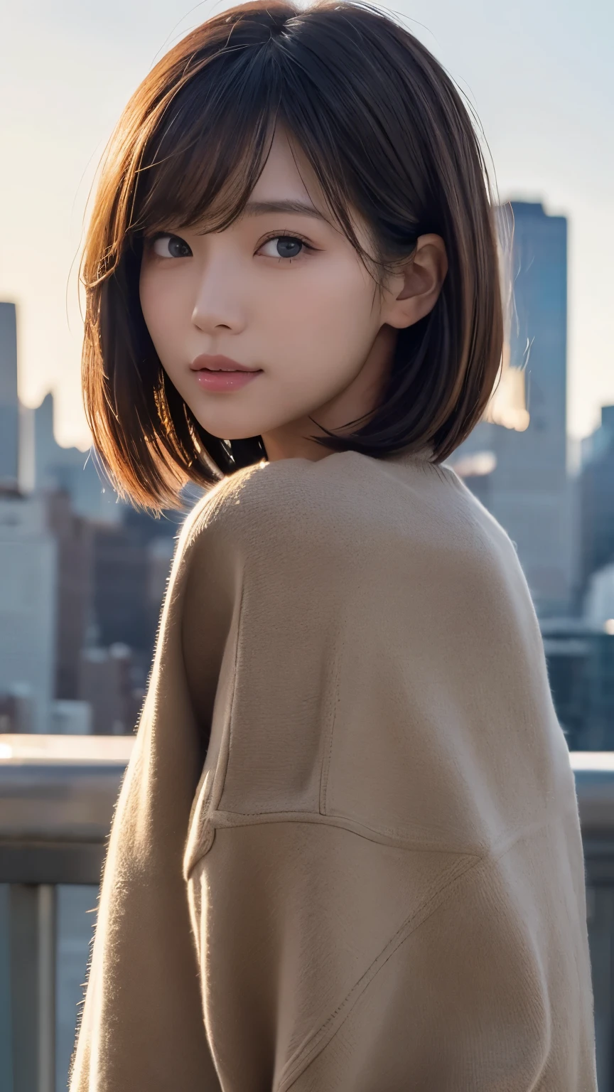 ((( face close-up )))、((( brown, Shoulder length, straight short bob taken by someone)))、((( You can see the New York skyline in her background、 pose like a model at a beauty salon 。.)))、(((Casual black long sleeve winter clothing)))、Half Japanese、Half Korean 、 18 year old girl、independent、Expectations、light eye makeup、 brown Hair Color、 flat at honny 、 hair that flutters in the wind、Quality of actress、Sparkling, Ultra Realistic Faces、smileの表情、Bloodshot eyes、 looks up、Subtle Lighting Effects 、 Ultra Realistic Capture 、 very detailed、 high resolution 16K close-up of human skin 。 The texture of the skin is 、 while the illumination shines 、For more details、 pores .、The skin is healthy、 must always have a uniform tone、 Use natural light and color 、 model agencies'Exclusive photographer、smile