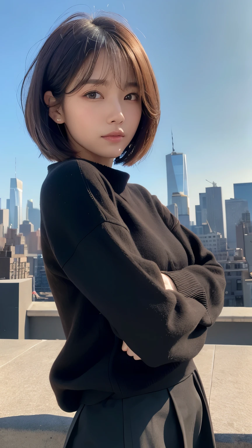 ((( face close-up )))、((( brown, Shoulder length, straight short bob taken by someone)))、((( You can see the New York skyline in her background、 pose like a model at a beauty salon 。.)))、(((Casual black long sleeve winter clothing)))、Half Japanese、Half Korean 、 18 year old girl、independent、Expectations、light eye makeup、 brown Hair Color、 flat at honny 、 hair that flutters in the wind、Quality of actress、Sparkling, Ultra Realistic Faces、smileの表情、Bloodshot eyes、 looks up、Subtle Lighting Effects 、 Ultra Realistic Capture 、 very detailed、 high resolution 16K close-up of human skin 。 The texture of the skin is 、 while the illumination shines 、For more details、 pores .、The skin is healthy、 must always have a uniform tone、 Use natural light and color 、 model agencies'Exclusive photographer、smile