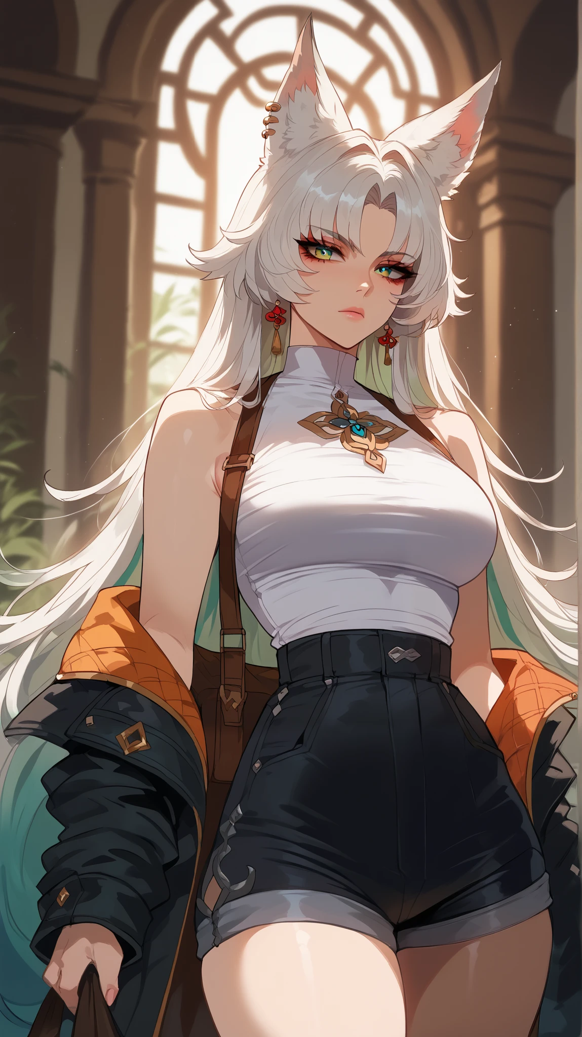 Feixiao style, perfect eyes, perfectly sexy face, ultra detailed, ultra perfect eyes, big beautiful woman , Body, standing, animal ears, long hair, rabo de cavalo, multicolored hair , white hair, mark on the head, ear piercing, black shorts, looking at the spectator ,