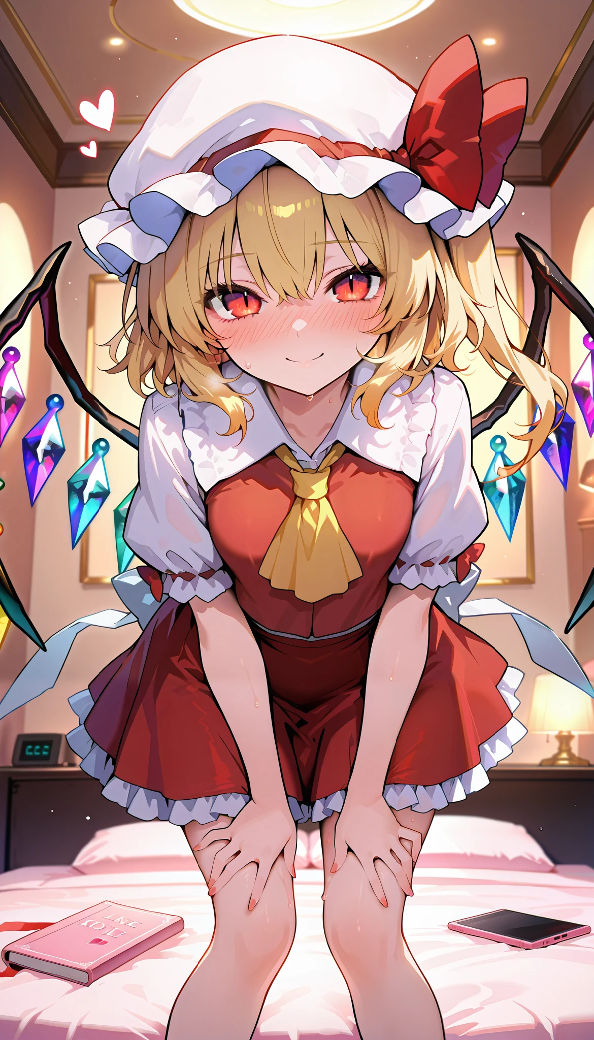 masterpiece, beautiful, a , cute girl, score_9, score_8_up , score_7_up , flanN, flandre scarlet, blonde hair, side ponytail, red eyes, hair bow, red bow, hair between eyes, slit pupils, white headwear,wings, crystal, crystal wings,white puffy sleeves,white sleeves, short sleeves, red vest, yellow ascot, red skirt, frilled skirt, red miniskirt, frills,, slim, slender body, small breasts, (indoor, Love Hotel , bed, dim), full-face blush、speech bible, lovely face, embarrassed, sweat, full blush, loving you, hide your face with your hands when parting ways:1.3, lovely hearts:1.4, heart-shaped pup ils, speech bible, throw, source_anime, smile:0.5