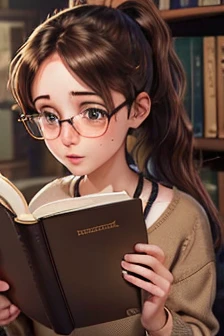 A 16-year-old girl, pale, brown eyes, brown hair tied back with a black bow, freckles all over her face, with glasses, in a library