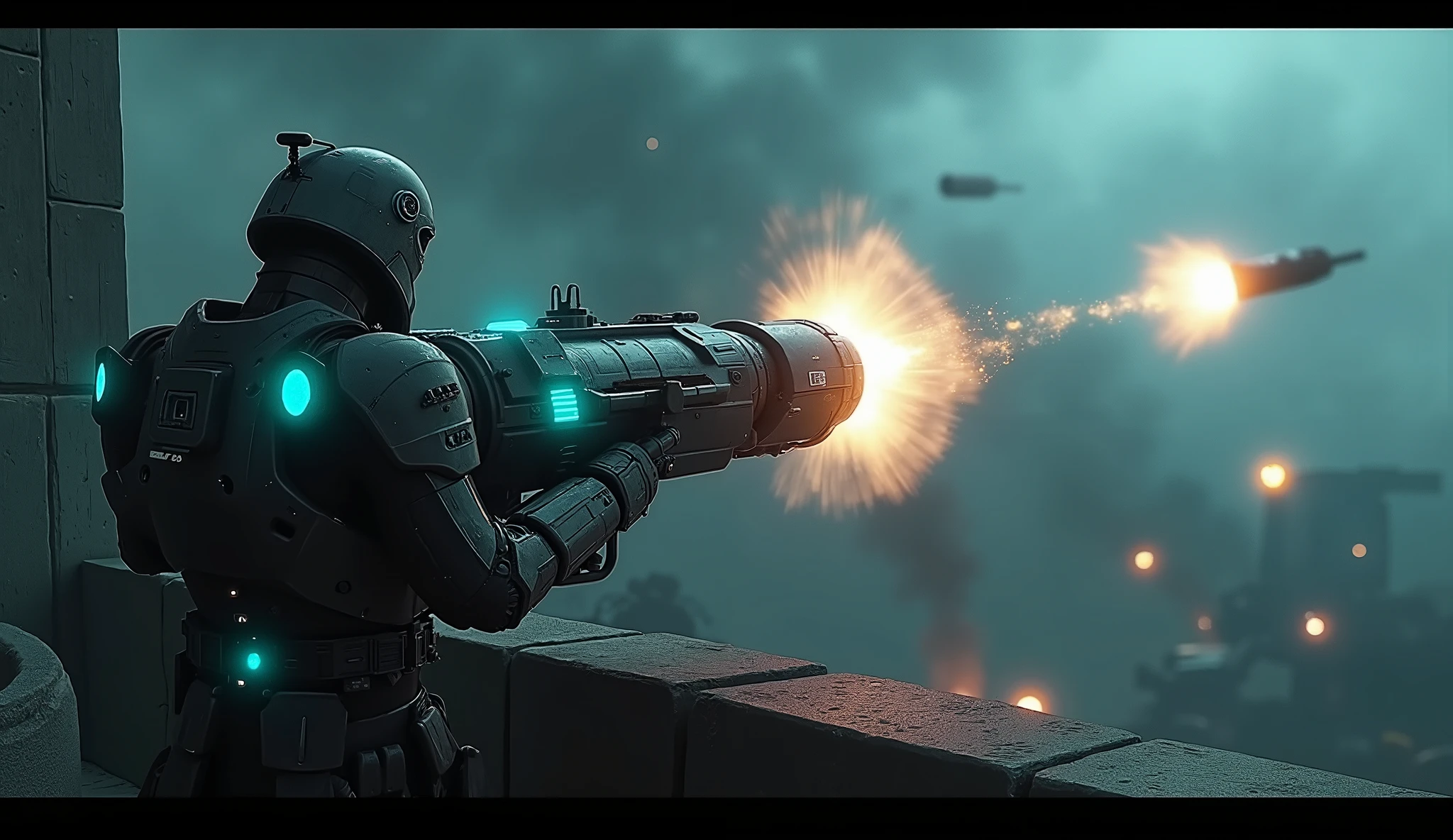 A close-up captures a **Phalanx CIWS rotary cannon** mounted on the walls, its sleek, compact design glowing faint cyan as its rotating barrel begins to spin. A **Robo-Cop guard** beside the cannon monitors the system’s **targeting display**, which shows live data on incoming **rebel missiles**.  

The cannon fires a rapid burst of **armor-piercing rounds**, the glowing tracer rounds streaking through the air as they intercept a missile mid-flight, creating a fiery explosion that illuminates the dark battlefield below. *(drk)*  