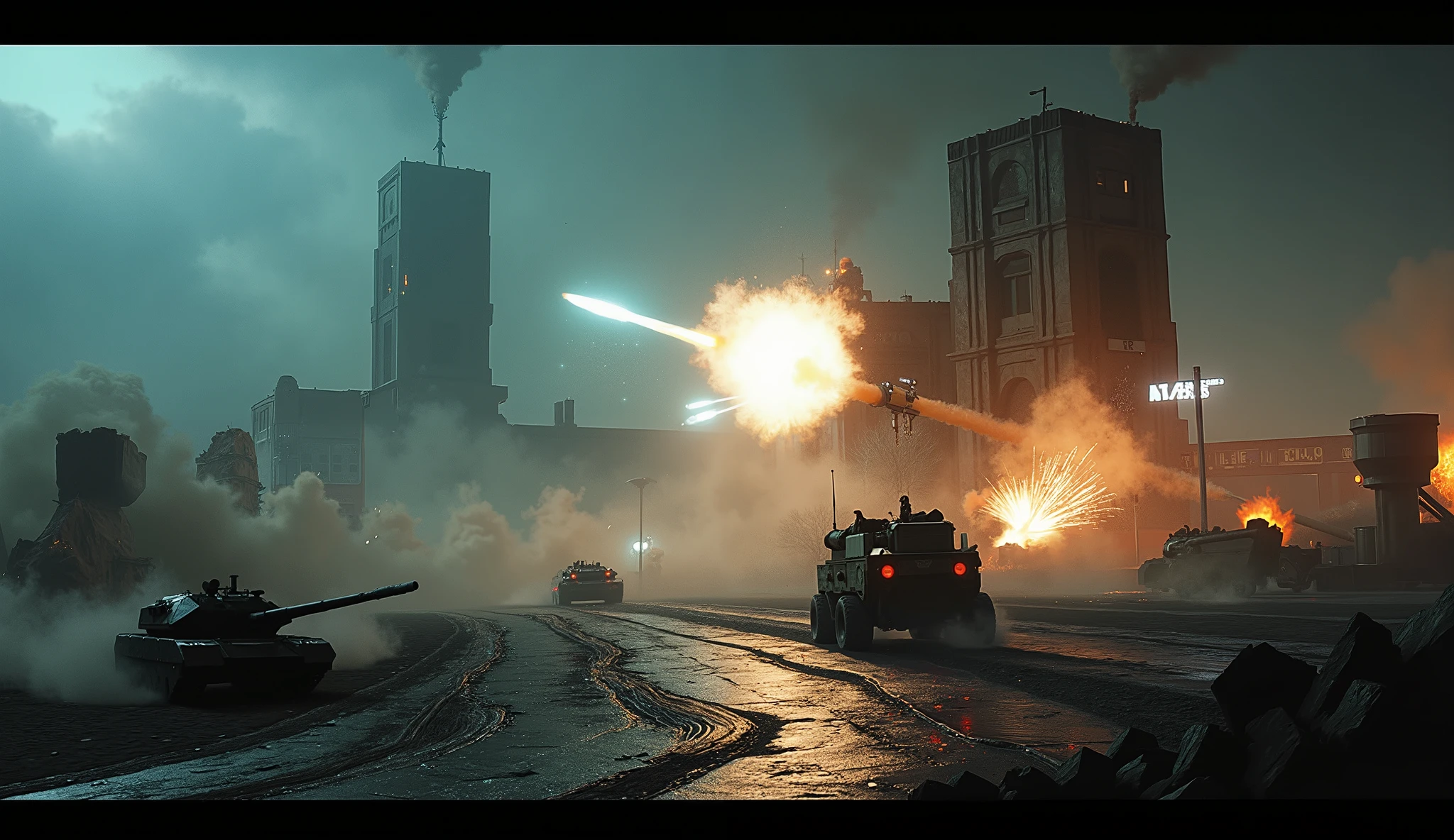 analog gloomy photo of a black eight wheeler (BTR-80, <lora:btr80:1>), rear view, racing down a neon city avenue at night,  shooting, buildings on fire, outrun, explosions in the background, High Detail, Sharp focus, ((photorealism)), realistic, best quality, 8k, award winning, dramatic lighting, epic, cinematic, masterpiece, dutch angle, ambient fog:1.5, volumetric lights,