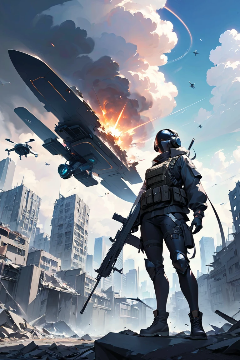 (masterpiece:1.2), (best quality:1.3), ultra-realistic (best quality, camouflage uniform, sniper soldier in vision from the character's perspective), 4k fullscreen, tanks, wreckage, burning city (zombie OR monster OR creature OR mutation)