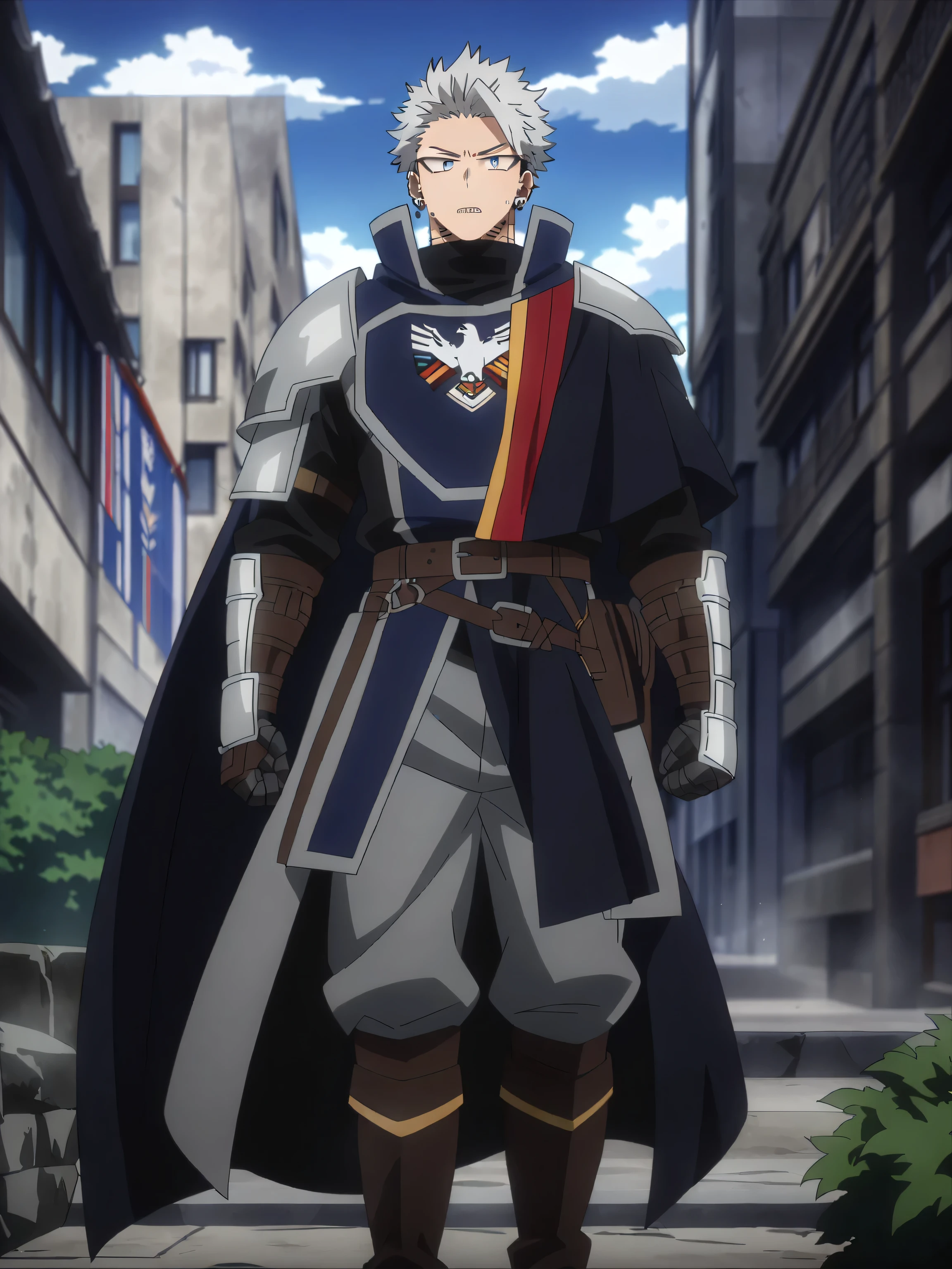 (masterpiece, best quality, anime, anime coloring:1.3, superhigh res). 25yo, handsome, sexy, young, 1man, male. ((A towering man (6’6”/198-cm) with a muscular build, short silver hair, and piercing blue eyes. His hero costume resembles a medieval knight mixed with modern military gear. His armored plating has a sleek, dark chrome finish with red streaks along his gauntlets and boots. He wears a tattered blue cape with the German eagle emblem on it, signifying his heritage. His helmet retracts, revealing his stern yet noble face.)) Modern big city avenue background, daylight.
My Hero Academia character, MHA style, anime style, my hero academia, boku no hero academia, animated. Anime, Best Quality, Masterpiece, High Resolution, 4K, perfect body, perfect eyes, perfect eyes, Full Quality, colorfull, Looking at viewer, Anime, Anime Style, High Resolution.