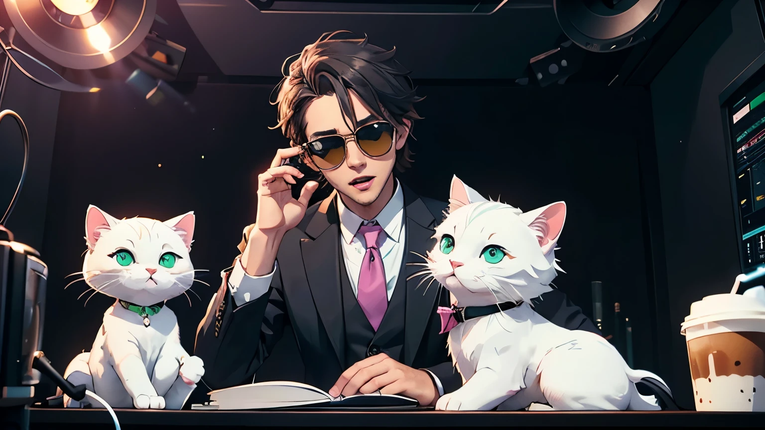 a male AI musician, in the recording studio, sitting at a desk, wearing a stylish black jacket, white shirt, a green and pink tie, dandy atmosphere, black headphones on, see-through sunglasses, a cup of coffee, yawning, looks like a bit sleepy, smallmouth, mouth closed, adoring a white cat, in a good mood, {illustlation}, {portrait}, {the character and animals are drawn at the center height of the whole image}
