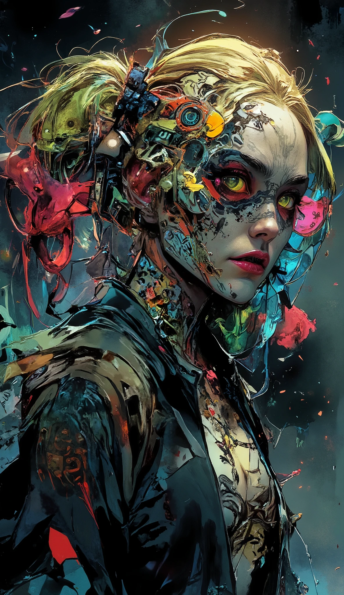 cyberpunk_(series) cyberpunk_edgerunners rebecca_(cyberpunk) highres spoilers 1girl Harley Quinn, artificial_eye black_jacket blood blood_from_eyes blood_from_mouth colored_sclera colored_skin death flower flower_over_eye green_hair ((guro)) jacket mechanical_eye neck_tattoo open_clothes open_jacket petals pink_tattoo red_eyes red_sclera signature solo stomach_tattoo symbol_in_eye tattoo twintails twitter_username white_skin yellow_eyes