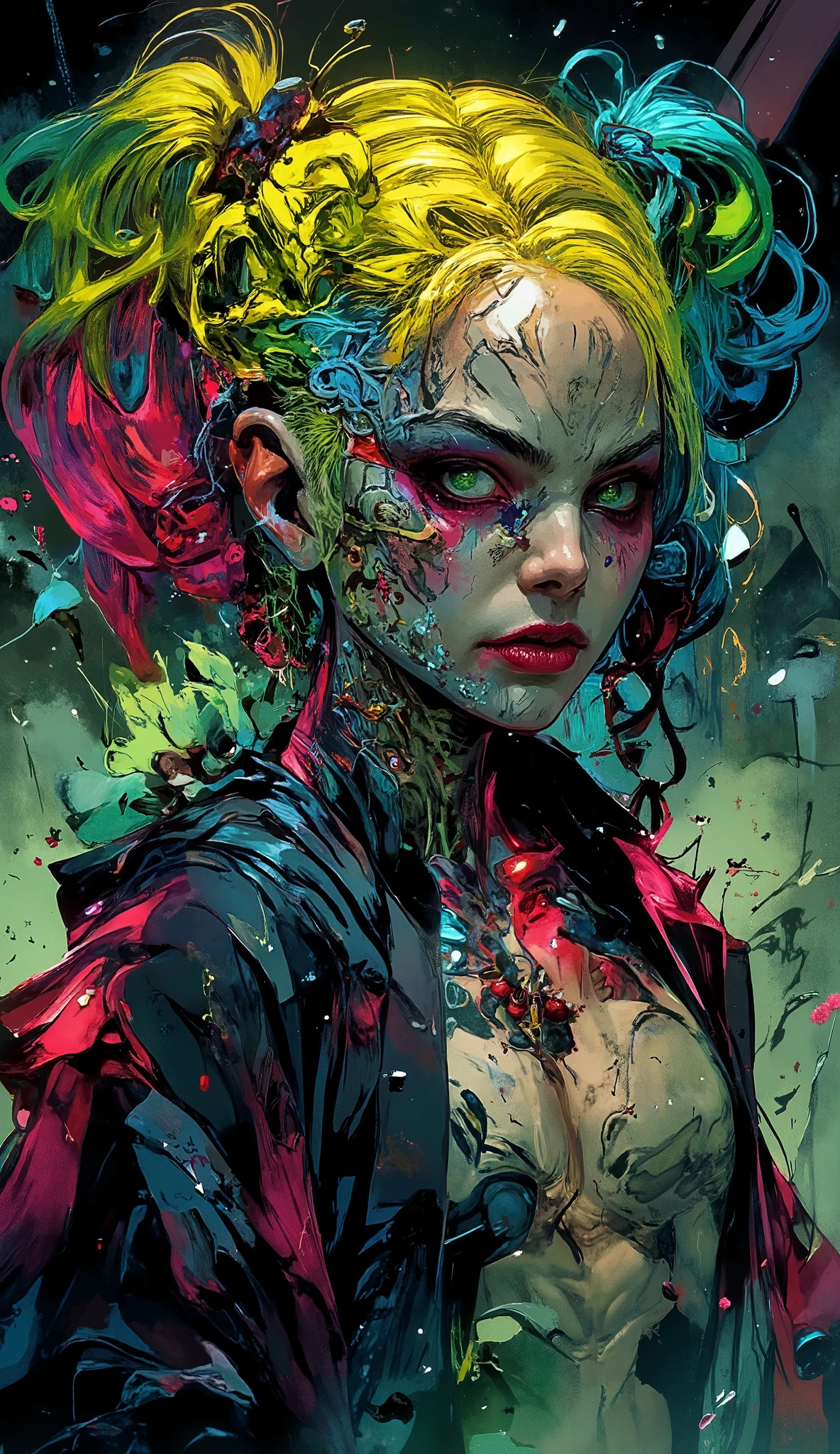 cyberpunk_(series) cyberpunk_edgerunners rebecca_(cyberpunk) highres spoilers 1girl Harley Quinn, artificial_eye black_jacket blood blood_from_eyes blood_from_mouth colored_sclera colored_skin death flower flower_over_eye green_hair ((guro)) jacket mechanical_eye neck_tattoo open_clothes open_jacket petals pink_tattoo red_eyes red_sclera signature solo stomach_tattoo symbol_in_eye tattoo twintails twitter_username white_skin yellow_eyes