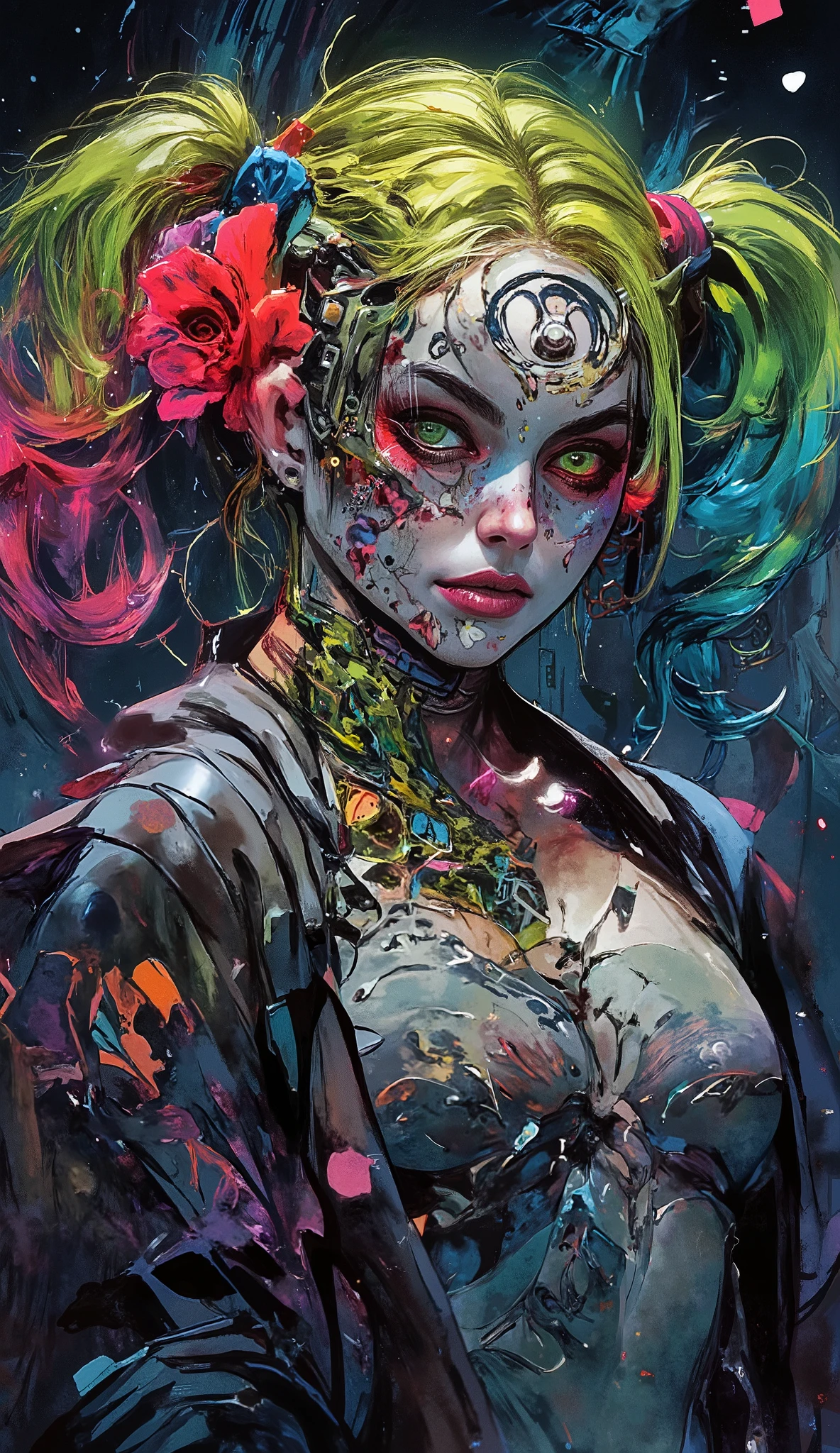 cyberpunk_(series) cyberpunk_edgerunners rebecca_(cyberpunk) highres spoilers 1girl Harley Quinn, artificial_eye black_jacket blood blood_from_eyes blood_from_mouth colored_sclera colored_skin death flower flower_over_eye green_hair ((guro)) jacket mechanical_eye neck_tattoo open_clothes open_jacket petals pink_tattoo red_eyes red_sclera signature solo stomach_tattoo symbol_in_eye tattoo twintails twitter_username white_skin yellow_eyes