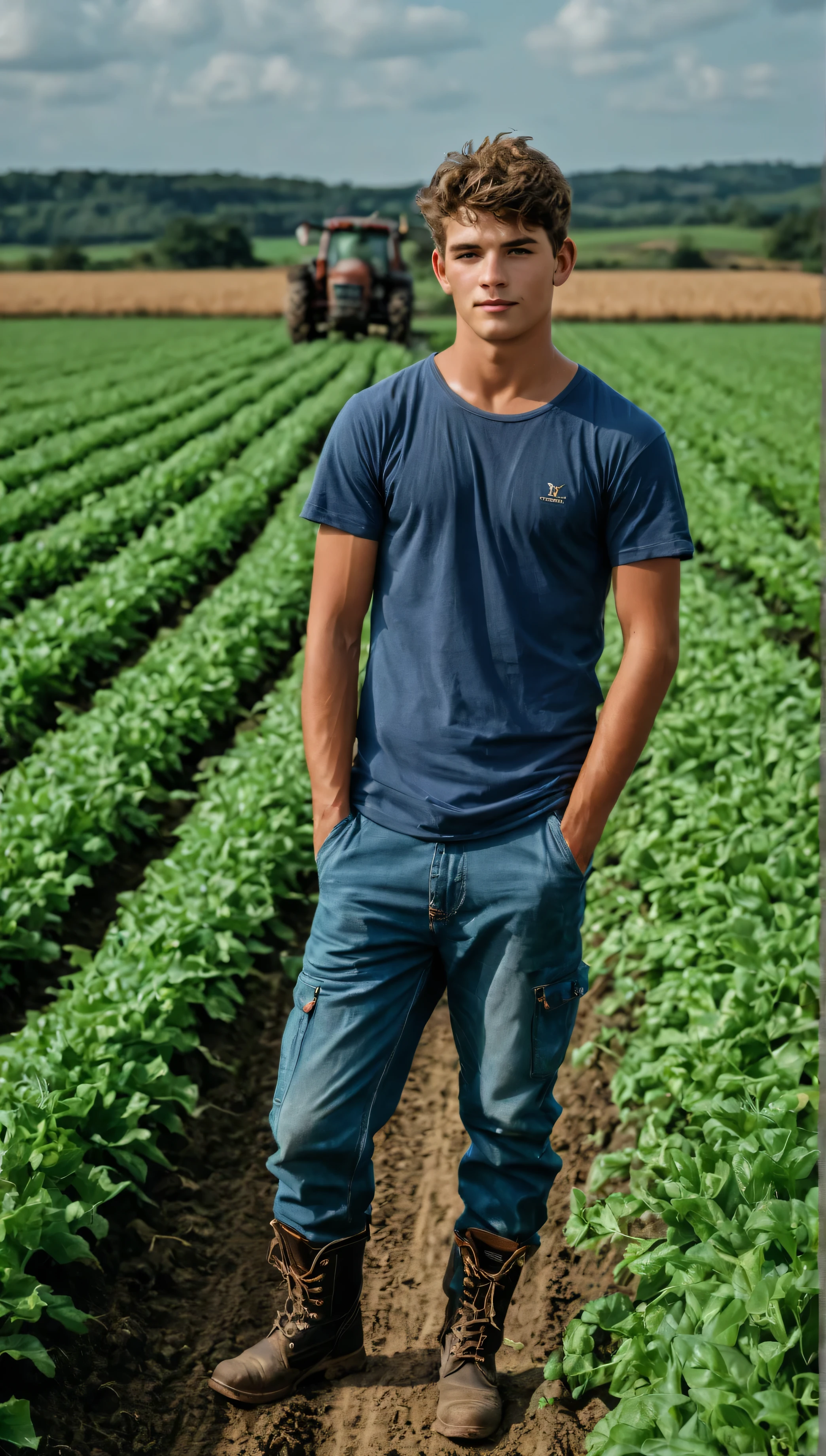 Realistic cinematic amateur photo posted to facebook,handsome Young men (rural farmer) ,Fujifilm XT3, Canon R5 
