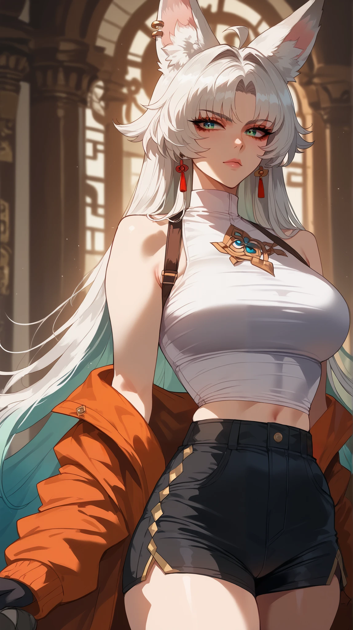 Feixiao style, perfect eyes, perfectly sexy face, ultra detailed, ultra perfect eyes, big beautiful woman , Body, standing, animal ears, long hair, rabo de cavalo, multicolored hair , white hair, mark on the head, ear piercing, black shorts, looking at the spectator ,