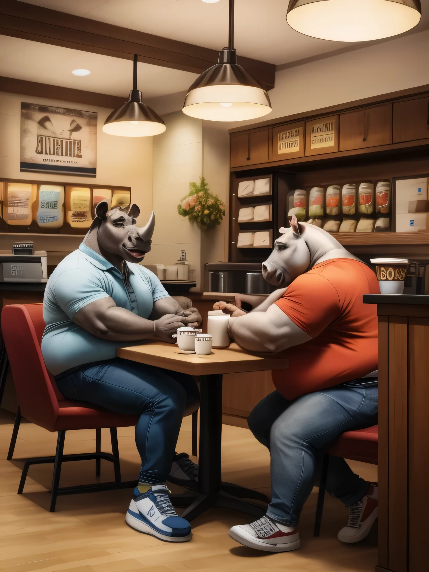 A rhinoceros, he's big, he has medium short hair in modern style and a short beard color brown in chain style, it has only one horn over his snout, he is fatter, he has a bloated belly, he wears a tight shirt with squares, tight jeans, and sports shoes, he's sitting in a chair inside of a Coffee store, he is reading a book that is over the table, it's grabbing a large cup of coffee with his left hand, his height can reach the ceiling of the coffee store, a leopard wearing the uniform of the coffee store is bringing an order of four donuts to the rhinoceros gently, they are surrounded by coffee and milkshake dispensers and posters of coffee styles