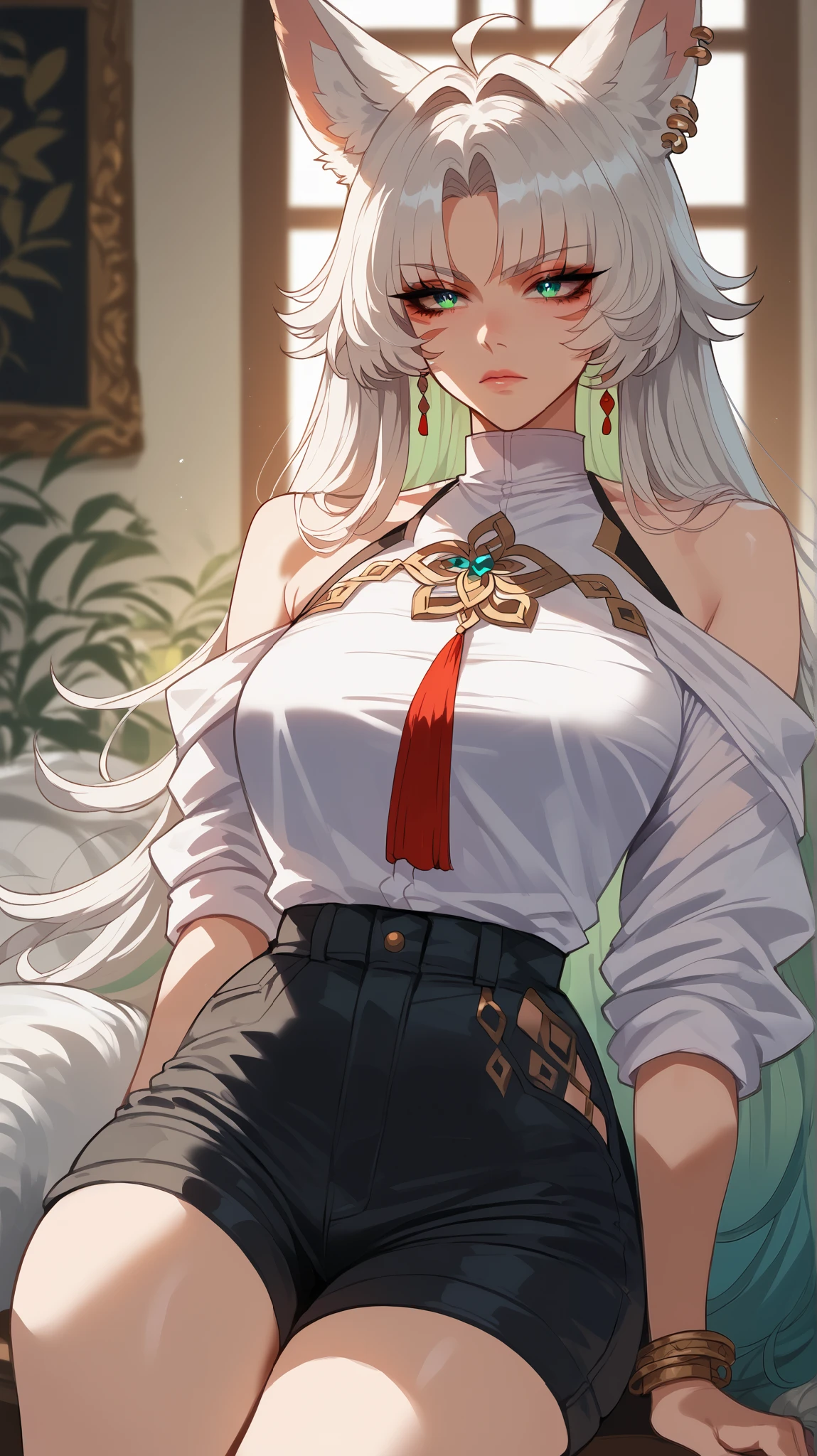 Feixiao style, perfect eyes, perfectly sexy face, ultra detailed, ultra perfect eyes, big beautiful woman , Body, sitting, animal ears, long hair, rabo de cavalo, multicolored hair , white hair, mark on the head, ear piercing, black shorts, looking at the spectator ,