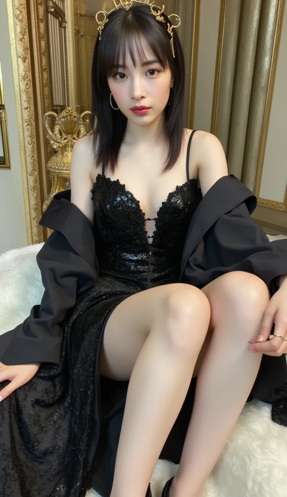 Hay una mujer sentada en una silla con las piernas cruzadas, cautivador y tentador, pose sexy, tomado en 2 0 2 0, very pose sexy, sensual y llamativa, ella lleva un vestido negro, 2 4 year old female model, pose de glamour, vestido sexy, pose muy seductora, photo tomado en 2 0 2 0