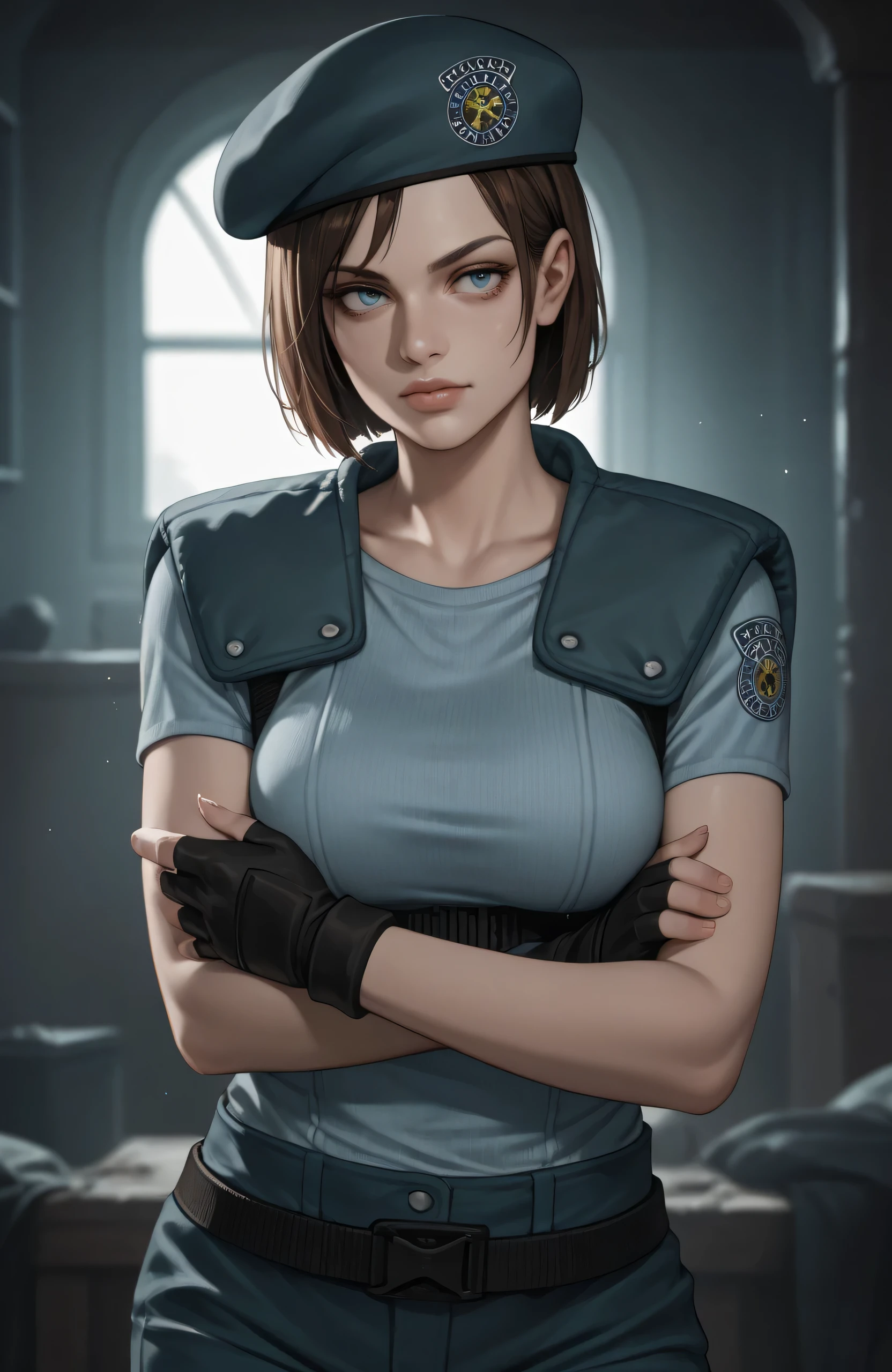 score_9, score_8_up, score_7_up, score_6_up, score_5_up, score_4_up, photoshop \(medium\), RE1Jill, blue eyes, brown bob cut, beret, , fingerless gloves
, dark environment, mansion, indoors, moody lighting