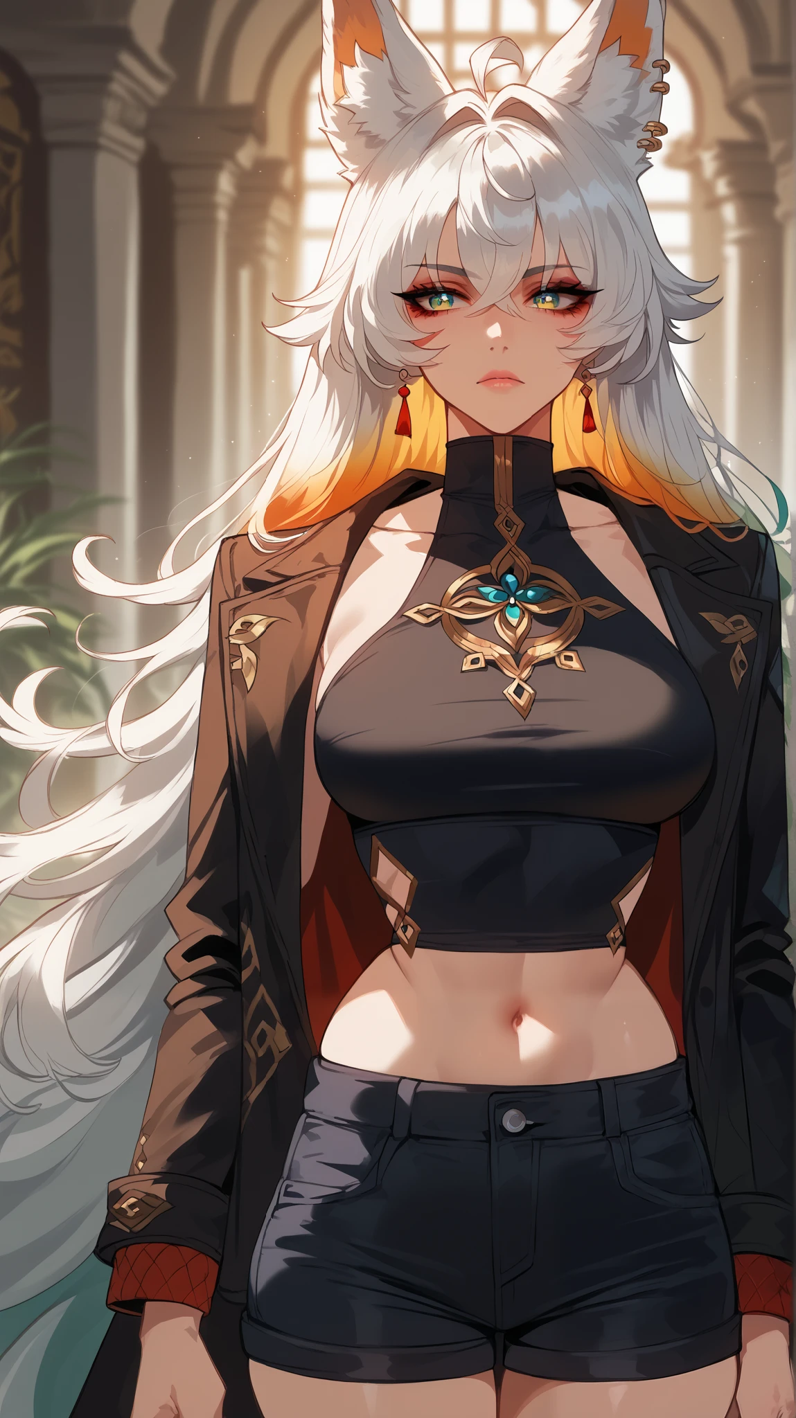 Feixiao style, perfect eyes, perfectly sexy face, ultra detailed, ultra perfect eyes, big beautiful woman , Body, standing, animal ears, long hair, rabo de cavalo, multicolored hair , white hair, mark on the head, ear piercing, black shorts, looking at the spectator ,