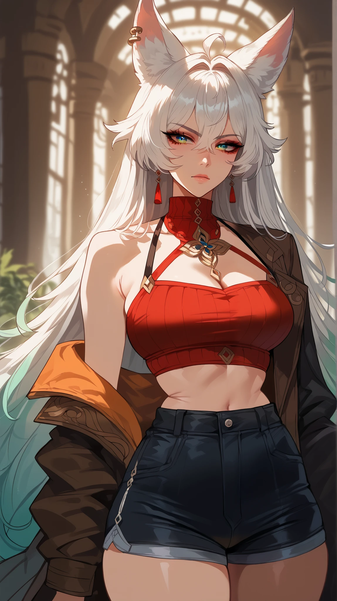 Feixiao style, perfect eyes, perfectly sexy face, ultra detailed, ultra perfect eyes, big beautiful woman , Body, standing, animal ears, long hair, rabo de cavalo, multicolored hair , white hair, mark on the head, ear piercing, black shorts, looking at the spectator ,