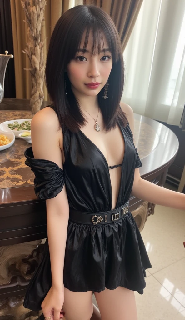 1 pretty girl,black dressed evening dress,clothes details,The clothes have intricate gold lines,pearls necklace,white skinned,looking at viewert,Brown eyes,Realistis,are standing,ssmile,low chest,medium boob