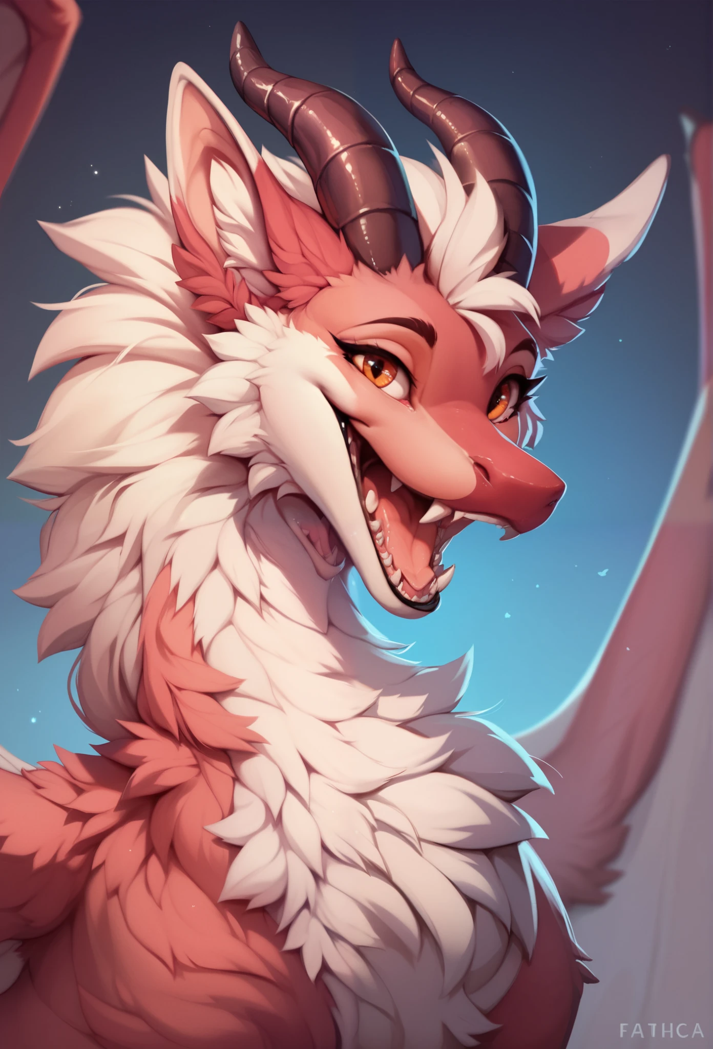 furry art, feral, furred dragon face smiling,looking at the viewer, female, portrait, mouth open, ,white and blue fur, thicc, wings, horns, tail, chest fluff, paws, fangs, ton back, happy, extra fluffy, extra fluffy, mouth open,quadruped, smiling,looking at the viewer