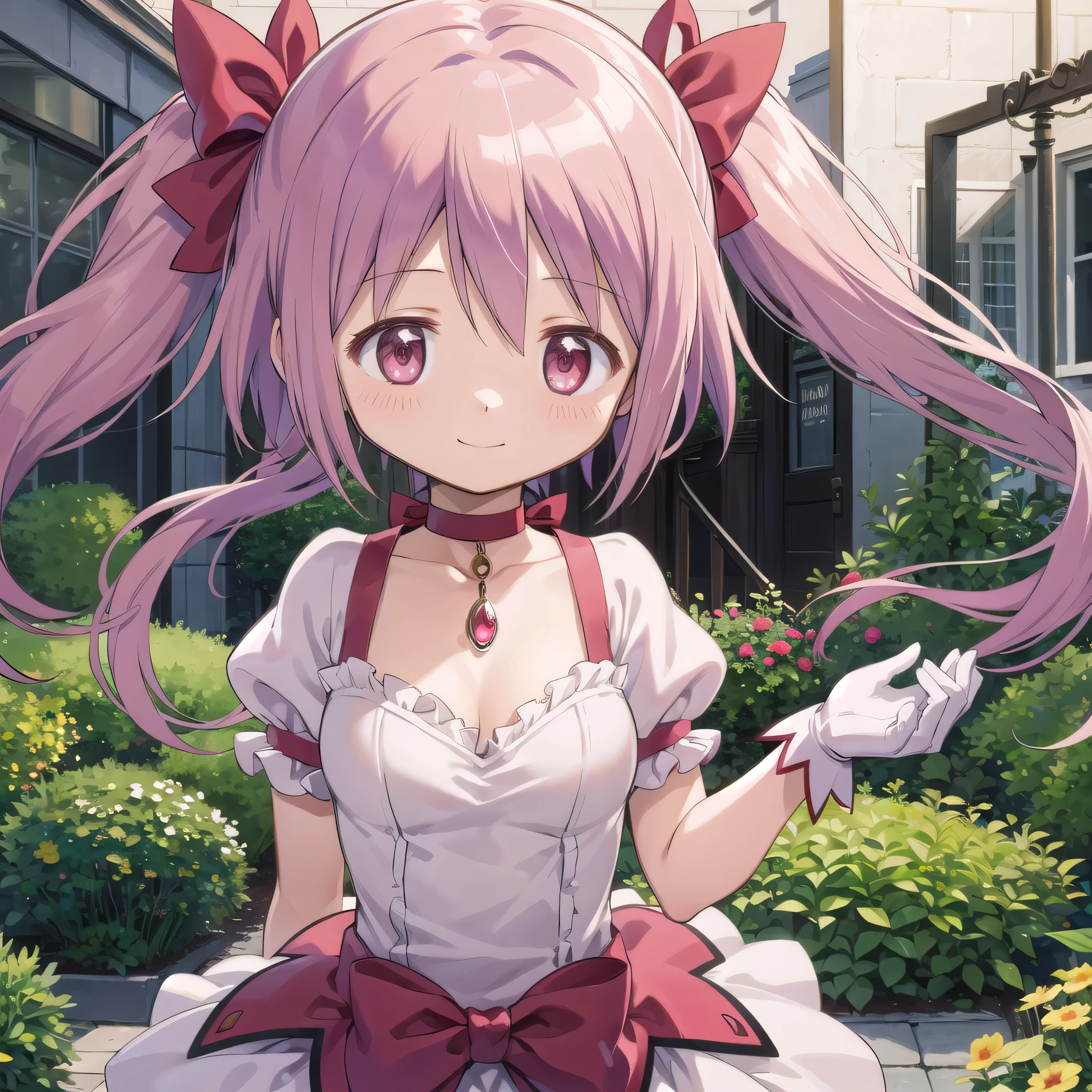 1girl, solo, masterpiece, best quality, gloves, mahou shoujo madoka magica, kaname madoka, madoka kaname, pink eyes, tareme, pink hair, short hair, twintails, short twintails, hair ribbon, red ribbon, magical girl, choker, ribbon choker, soul gem, collarbone, short sleeves, puffy sleeves, puffy short sleeves, center frills, white gloves, cleavage, medium breasts, , upper body, looking at viewer, blush, smile, outdoors, garden