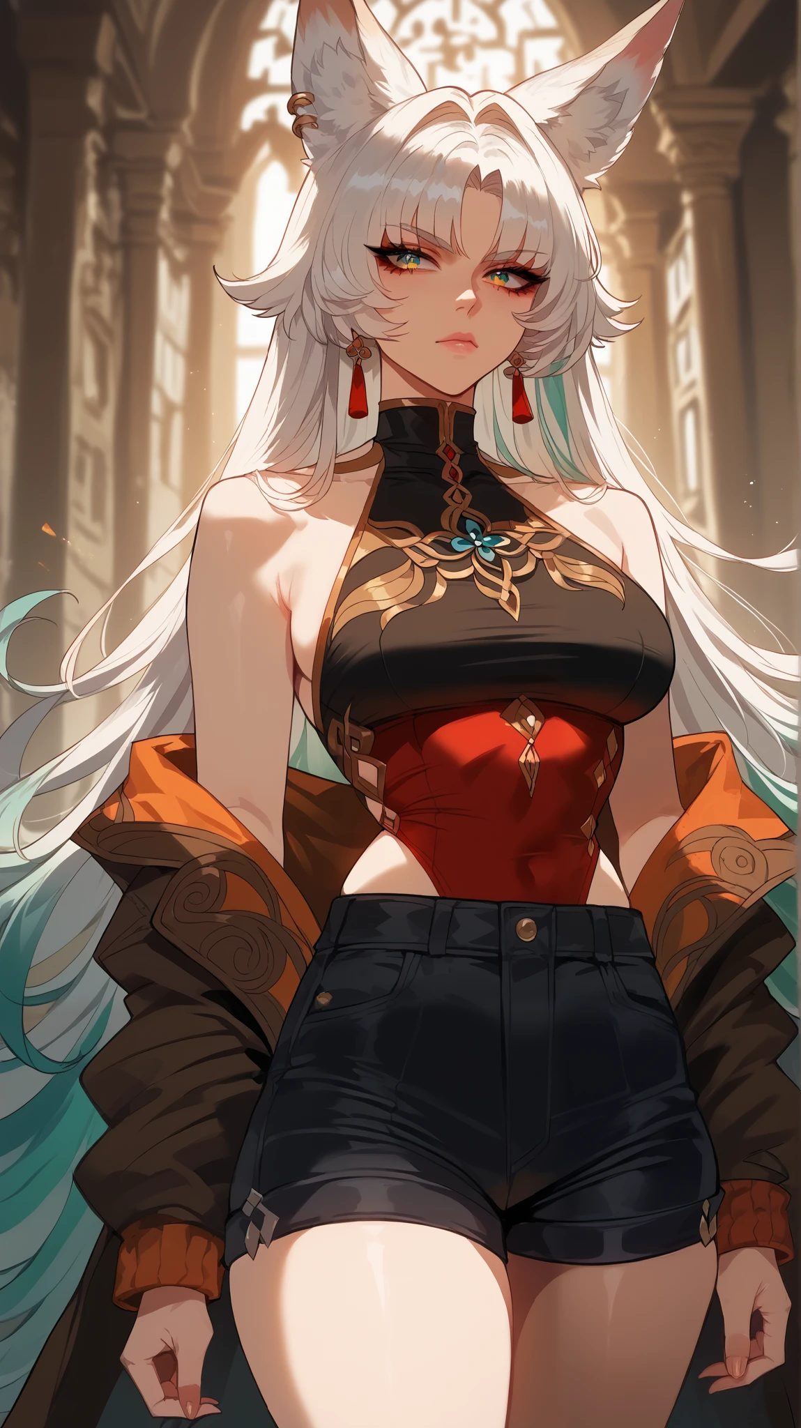 Feixiao style, perfect eyes, perfectly sexy face, ultra detailed, ultra perfect eyes, big beautiful woman , Body, standing, animal ears, long hair, rabo de cavalo, multicolored hair , white hair, mark on the head, ear piercing, black shorts, looking at the spectator ,
