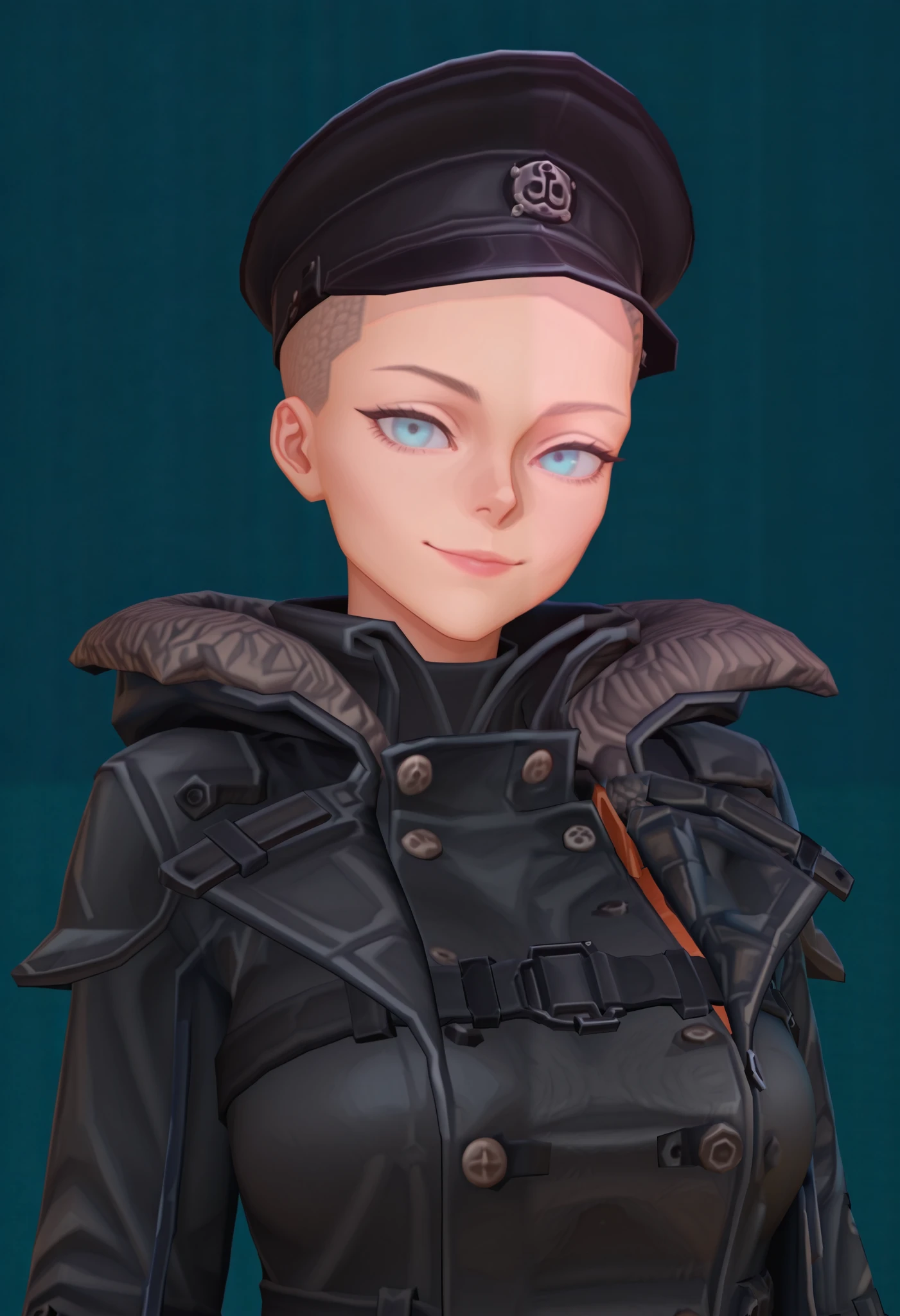1girl,1girl, (testgirl), blonde fringe,small empty forehead, (shaved head), light blue eyes,leaning into the viewer's, smile, stern gaze, beautiful eyes, (black raincoat),short gray fur collar, (black cap), masterpiece, best quality, good quality, newest (contrast:2)