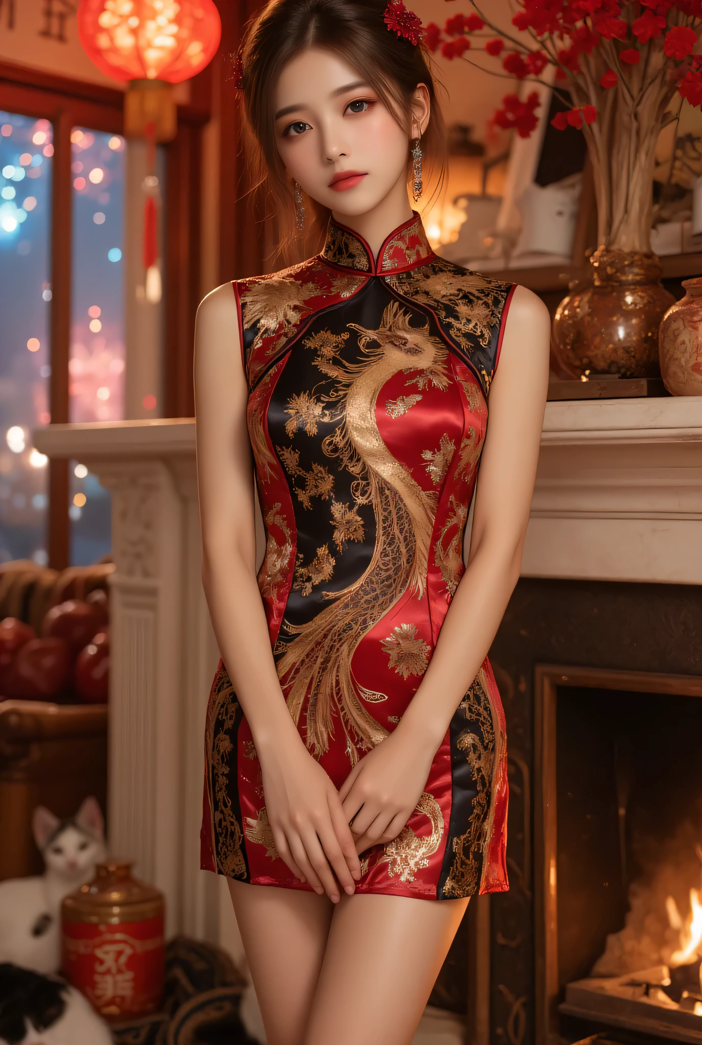 A close-up, head-and-shoulders portrait of a beautiful Korean idol with fine facial features and a ponytail, wearing a red-black-gold short cheongsam with some black-transparent sections, adorned with intricate gold or silver phoenix and floral embroidery. She stands gracefully in a warmly lit room featuring a vintage fireplace and traditional Chinese New Year decorations, including vibrant red lanterns, decorative calligraphy scrolls, a small Chinese orange tree with golden ornaments, and several red envelopes scattered across the floor and hanging from the tree. Adorable, playful cats are part of the scene—some sitting near the tree, others curiously pawing at the red envelopes or lounging around. Through a window or an open door in the background, vibrant Chinese fireworks light up the night sky in an array of reds, golds, and blues, casting a magical glow into the room. The idol’s outfit is complemented by subtle accessories like red hairpins or earrings and a few pretty Chinese hair accessories, along with pink lipstick, enhancing her festive look. The atmosphere is warm and lively, filled with the joyful essence of the celebration, highlighted by dramatic, chiaroscuro lighting, deep contrast, pleasant colors, and intricate, elaborate patterns, creating a super-detailed, realistic 8K cinematic composition.
