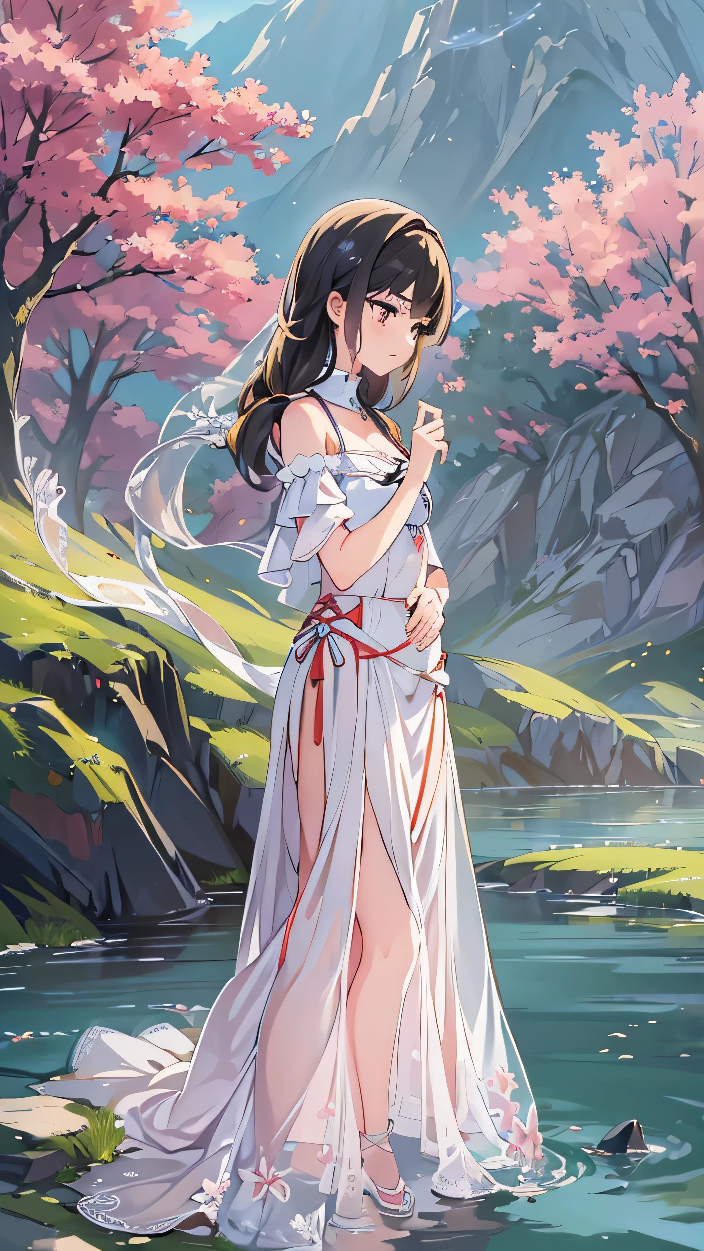 best quality, detail, super high resolution, (Faithfulness: 1.4), best illustration, , one very condensed girl , delicate and beautiful faces, Delicate clavicle, High Quality Fishtail Skirt, Open Place on the Mountain 。