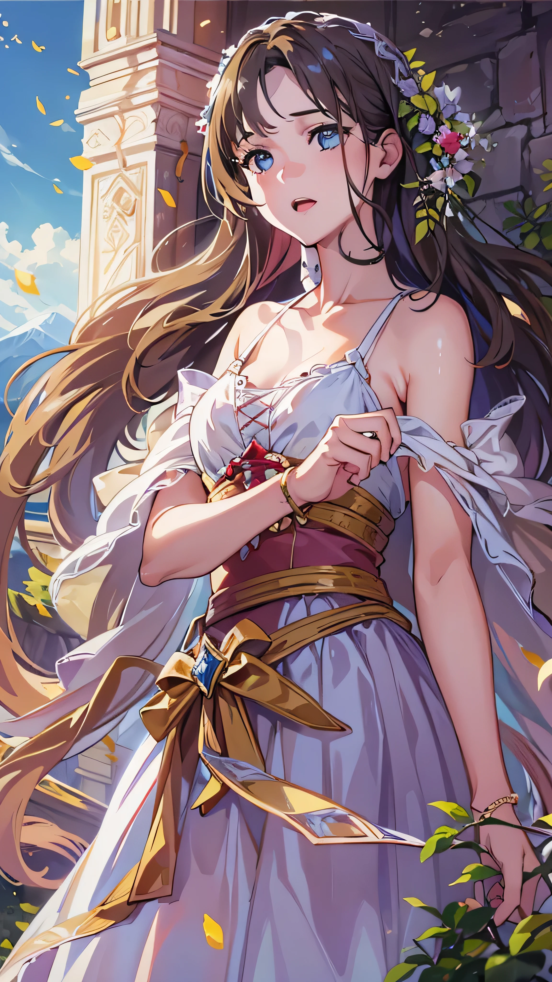 best quality, detail, super high resolution, (Faithfulness: 1.4), best illustration, , one very condensed girl , delicate and beautiful faces, Delicate clavicle, High Quality Fishtail Skirt, Open Place on the Mountain 。