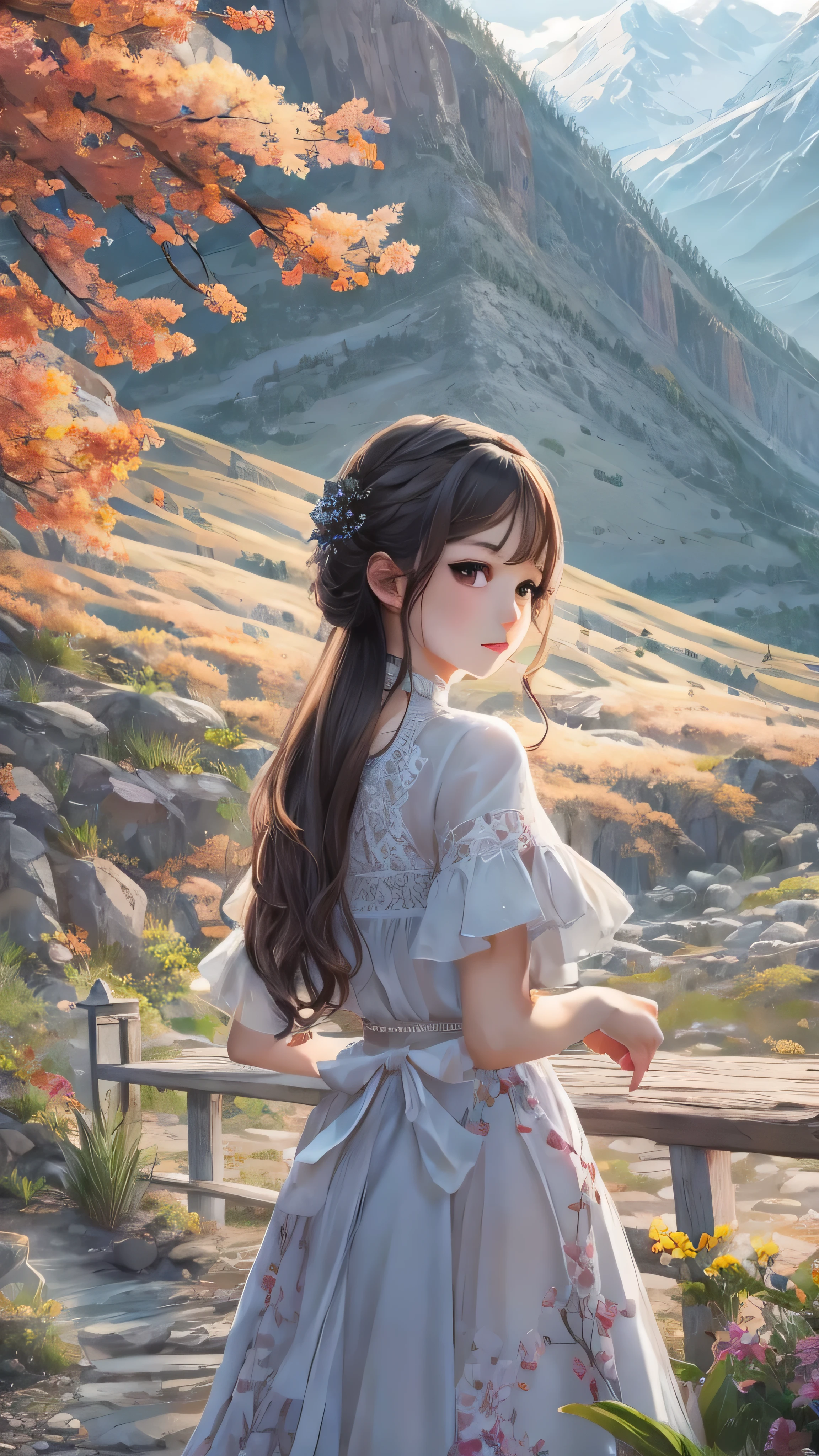 best quality, detail, super high resolution, (Faithfulness: 1.4), best illustration, , one very condensed girl , delicate and beautiful faces, Delicate clavicle, High Quality Fishtail Skirt, Open Place on the Mountain 。